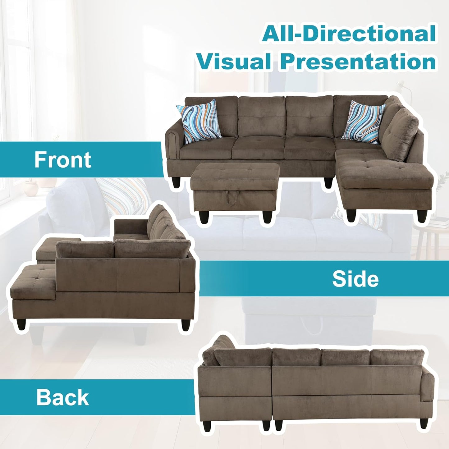 Couches for Living Room Modern L Shaped Couch Comfy Velvet Fabric 3 Pieces Sectional Sofa with Chaise, Ottoman with Storage for Office and Small Apartment, Brown Pineapple