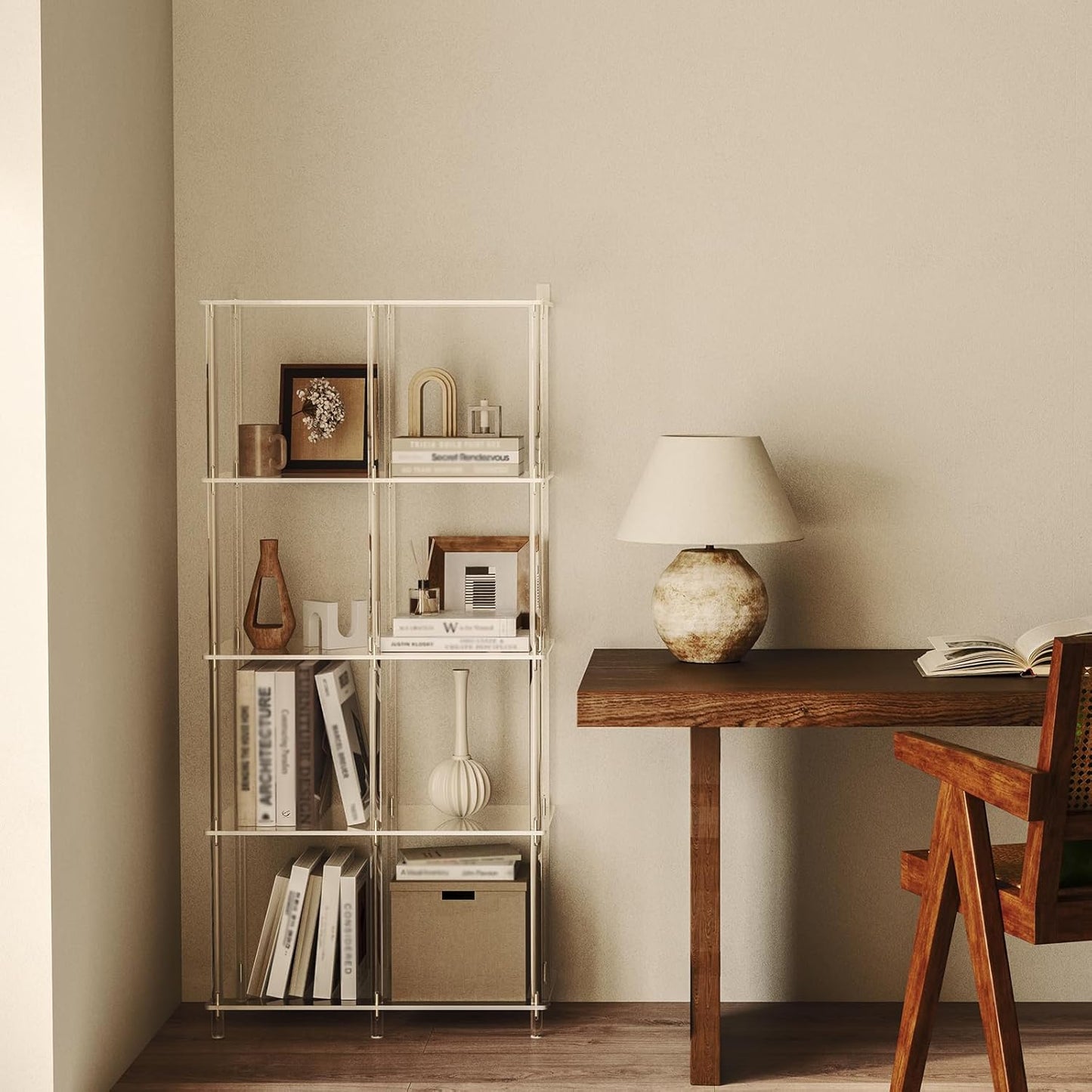 5-Tier Acrylic Bookshelf with 8 Cube Storage, Clear Bookcase for Home Office, Mordern, Multifunctional Open Book Shelves for Living Room, Bedroom, 50.8" H, Easy Assembly