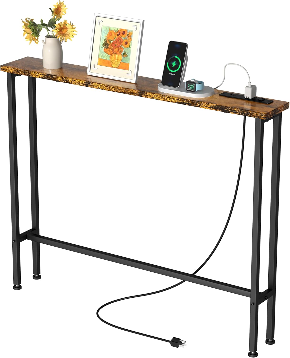GRLEAF 39" Narrow Console Sofa Table with Built-in Power Strip (4 AC Outlets & 4 USB Ports) – 4.9ft Power Cord, Metal Frame, Easy Assembly, Ideal for Behind Couch, Hallway, and Office | Rustic Brown