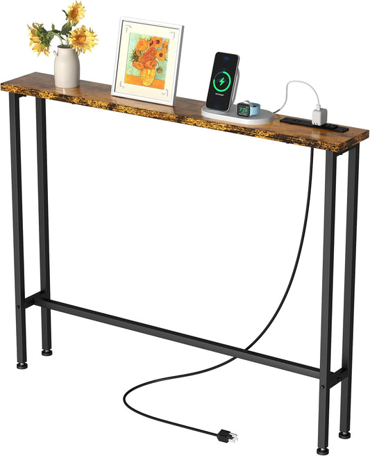 GRLEAF 39" Narrow Console Sofa Table with Built-in Power Strip (4 AC Outlets & 4 USB Ports) – 4.9ft Power Cord, Metal Frame, Easy Assembly, Ideal for Behind Couch, Hallway, and Office | Rustic Brown