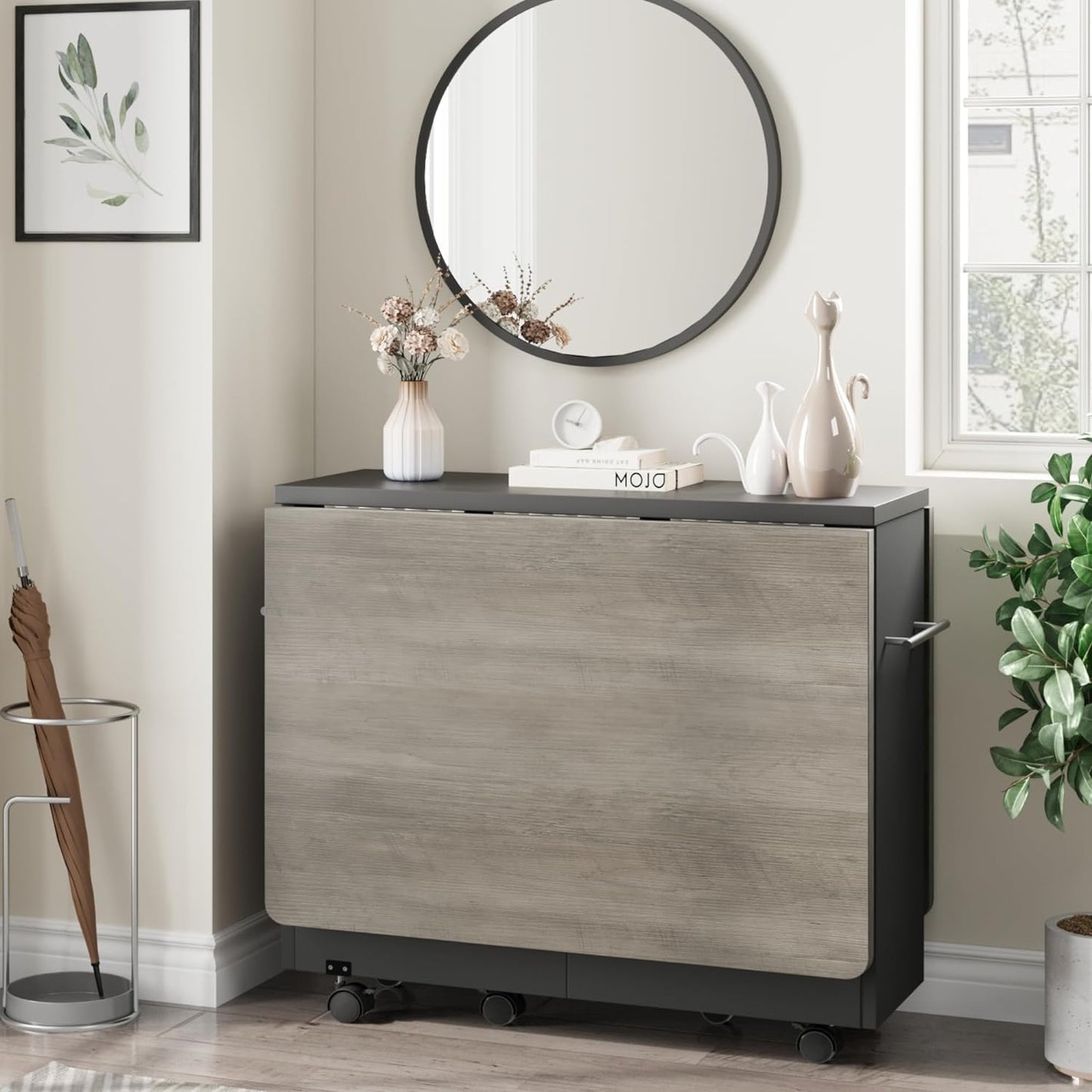 GarveeHome Folding Dining Table, Space Saving Farmhouse Dining Table for 4 Storage Shelf, 6 Wheels Multipose Expandable Kitchen Drop Leaf Table for Small Space (Carlo Grey, 47.2"D x 23.6"W x 29.5"H)