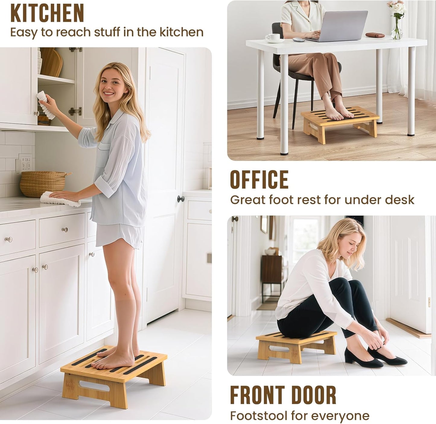 One Step Stool for Adults Seniors and Kids with Non-Slip Surface, Natural Bamboo Stepping Stools for High Bed, Bathroom and Kitchen, Hold Up to 450 LBS, Lightweight, Waterproof, Easy to Install