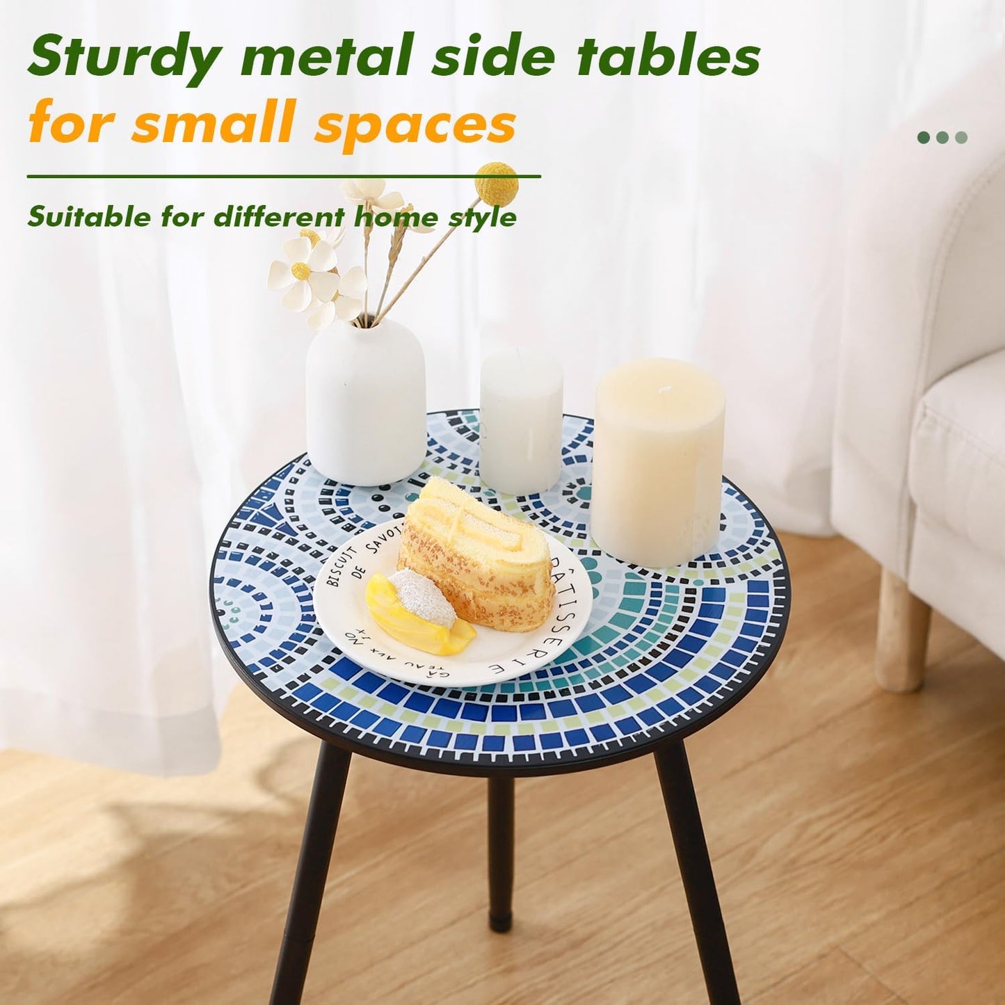 2 Packs Metal Mosaic Round Side Tables 13.4" Small Outdoor Patio Round Accent Coffee Tables Indoor Corner Stand for Small Spaces Weather-Resistant for Balcony, Porch Plant Stands Indoor