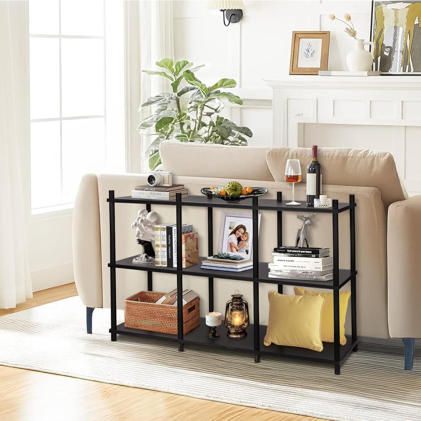 YGYQZ Short Book Shelf - 3 Tier Open Back Long Horizontal Wood Bookcase, 6 Cube Storage Shelf for Office Living Room Bedroom, Modern Black