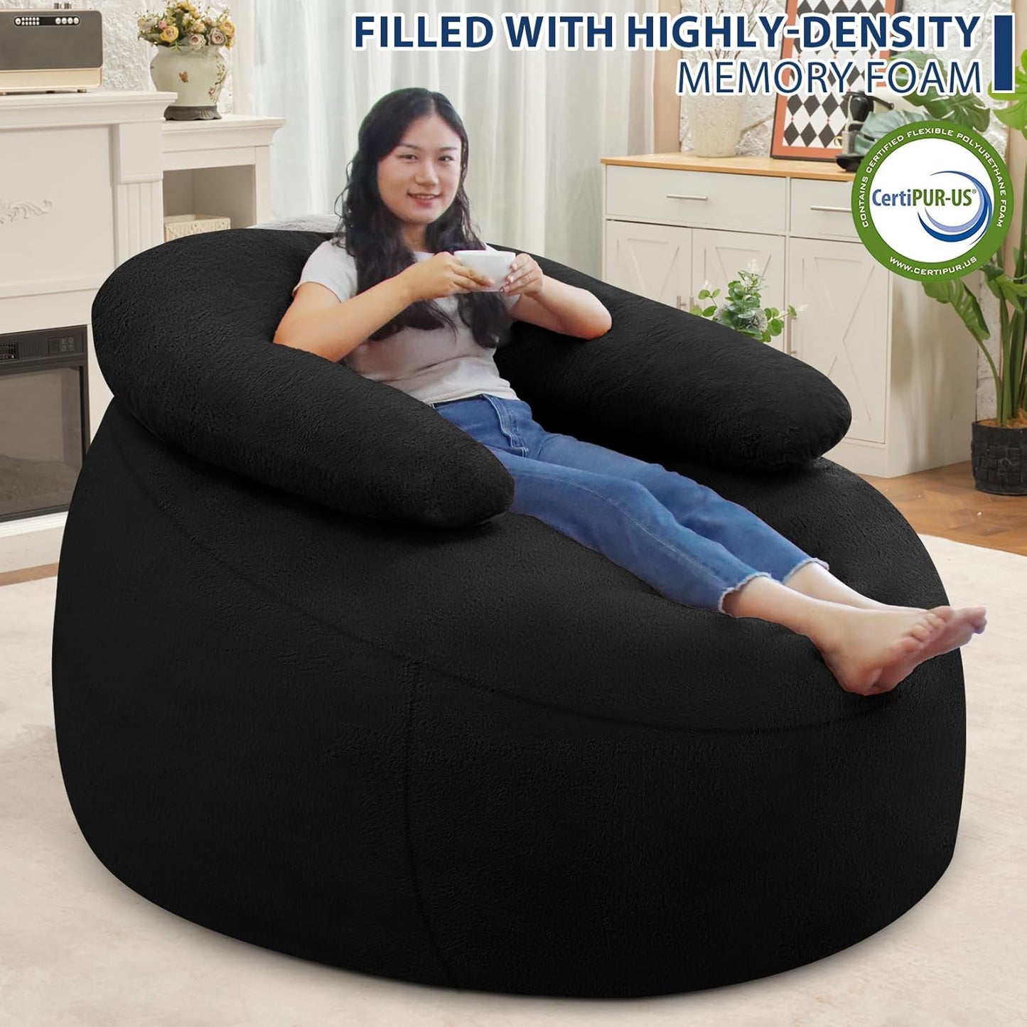 HABUTWAY Bean Bag Chair with U-Shaped Pillow for Adult and Kids Big BeanBag Chair with Filling Ultra Soft Faux Fur Couch Chair with Washable Cover for Living Room Bedroom Office, Black & Black