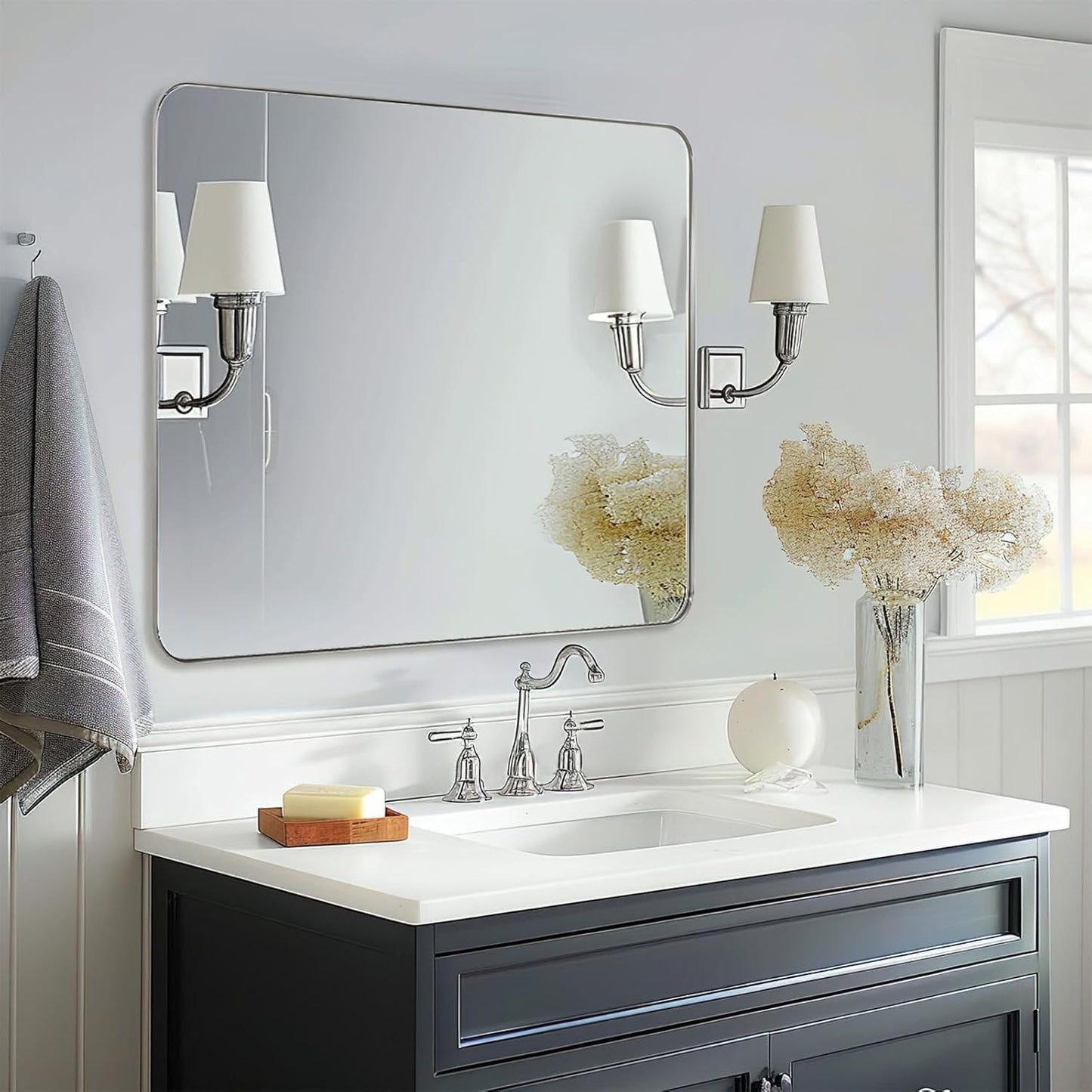 ANDY STAR Brushed Nickel Mirrors for Bathroom Sink, 30x30 Inch Bathroom Vanity Mirror with Square Metal Frame-Modern Clean Design with Superior Stainless Steel Frame