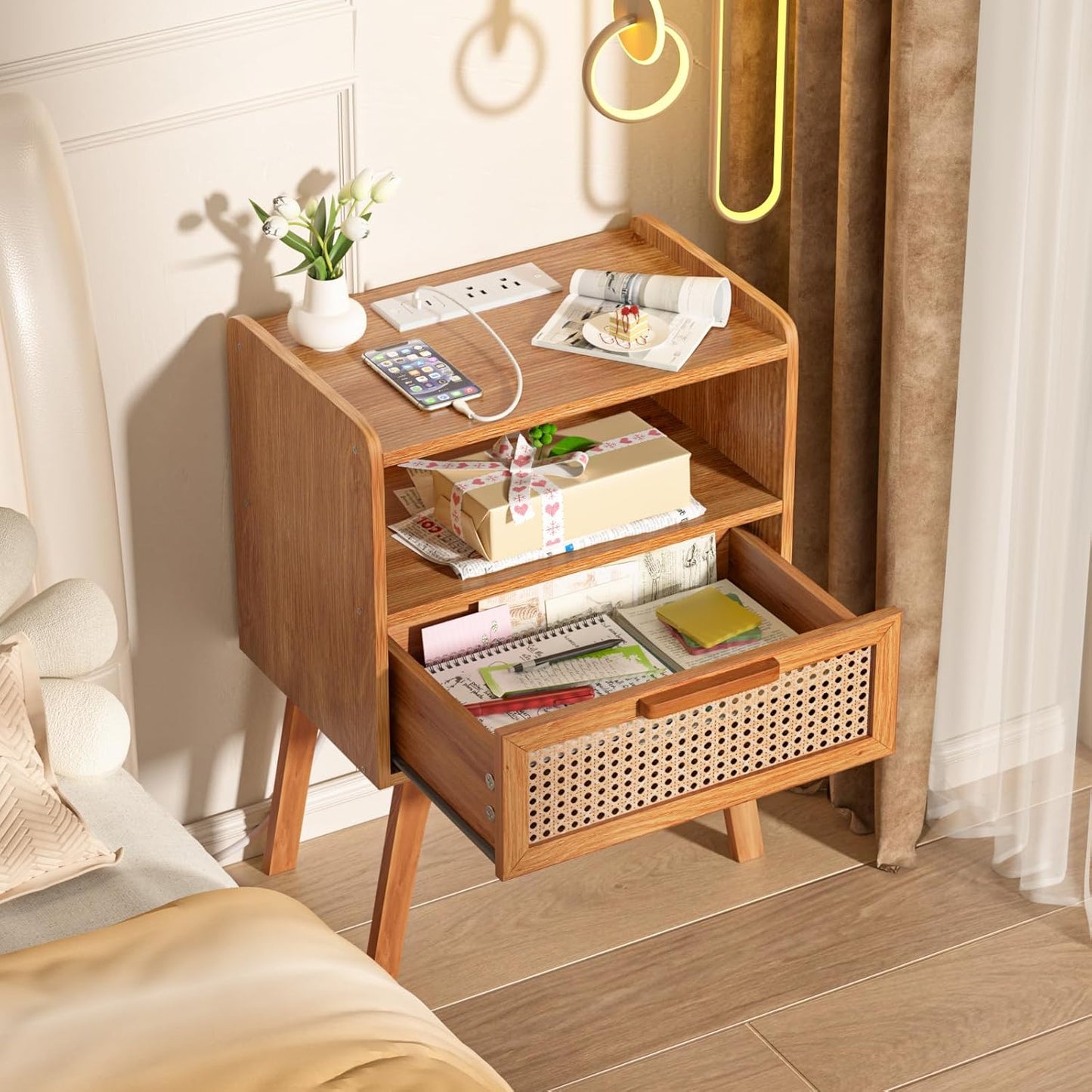 Lerliuo Rattan Nightstand with Charging Station, Side Table with Drawer, Cane Accent Bedside End Table with Solid Wood Legs, Night Stand for Bedroom, Dorm and Small Spaces (Tea Brown)