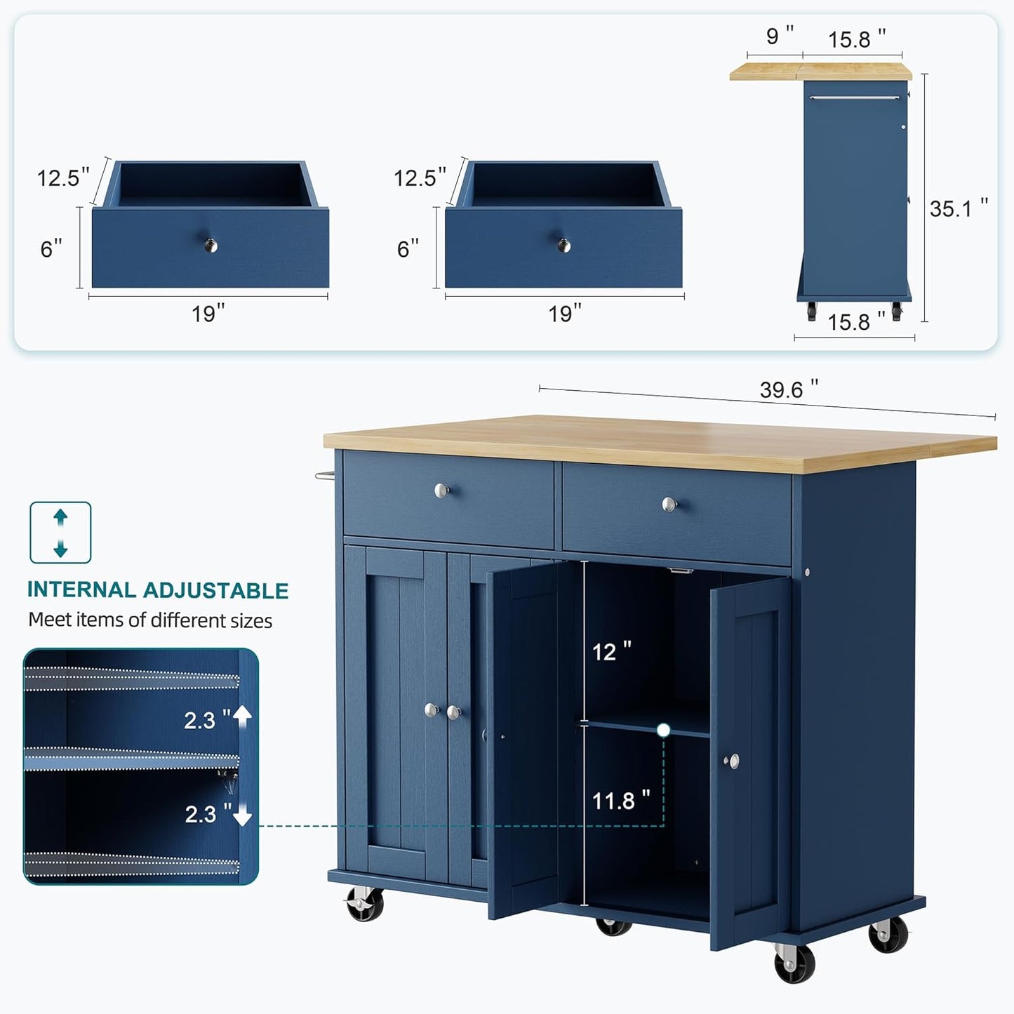 Shintenchi Kitchen Island with Drop Leaf, Rolling Kitchen Cart with Storage on Wheels, Table Bar Cart for Kitchen with Towel Rack & Seating Area for Dining Room, Blue