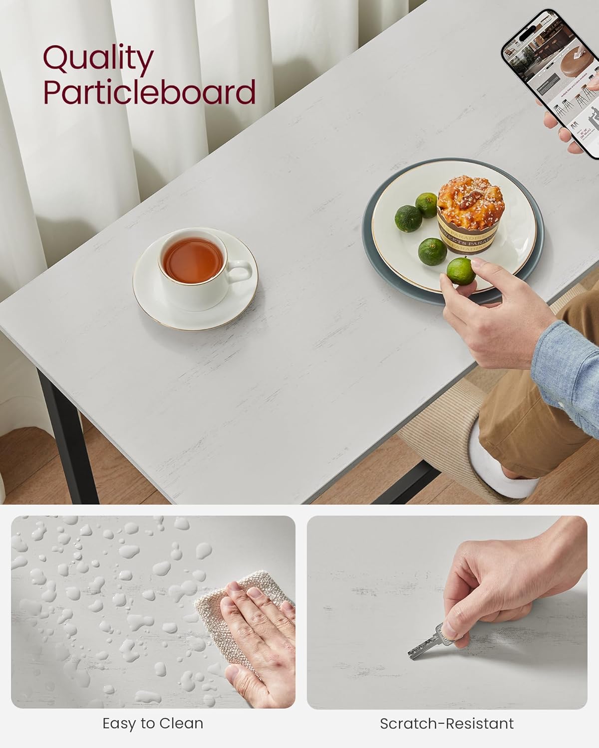 VASAGLE Bar Table, Narrow Long Kitchen Dining Table, Sturdy Metal Frame, Industrial, 15.7 x 55.1 x 35.4 Inches, Rustic White and Ink Black ULBT140B73