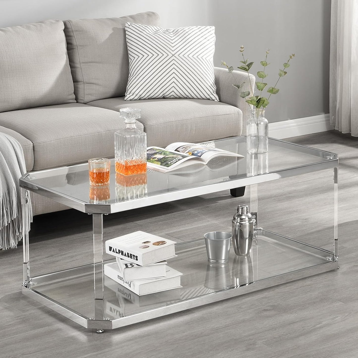 Glass Top Coffee Table, Sliver Rectangle Coffee Table Glass Top with 2 Tiers, Acrylic Leg, Chrome Frame, Modern Center Table for Living Room