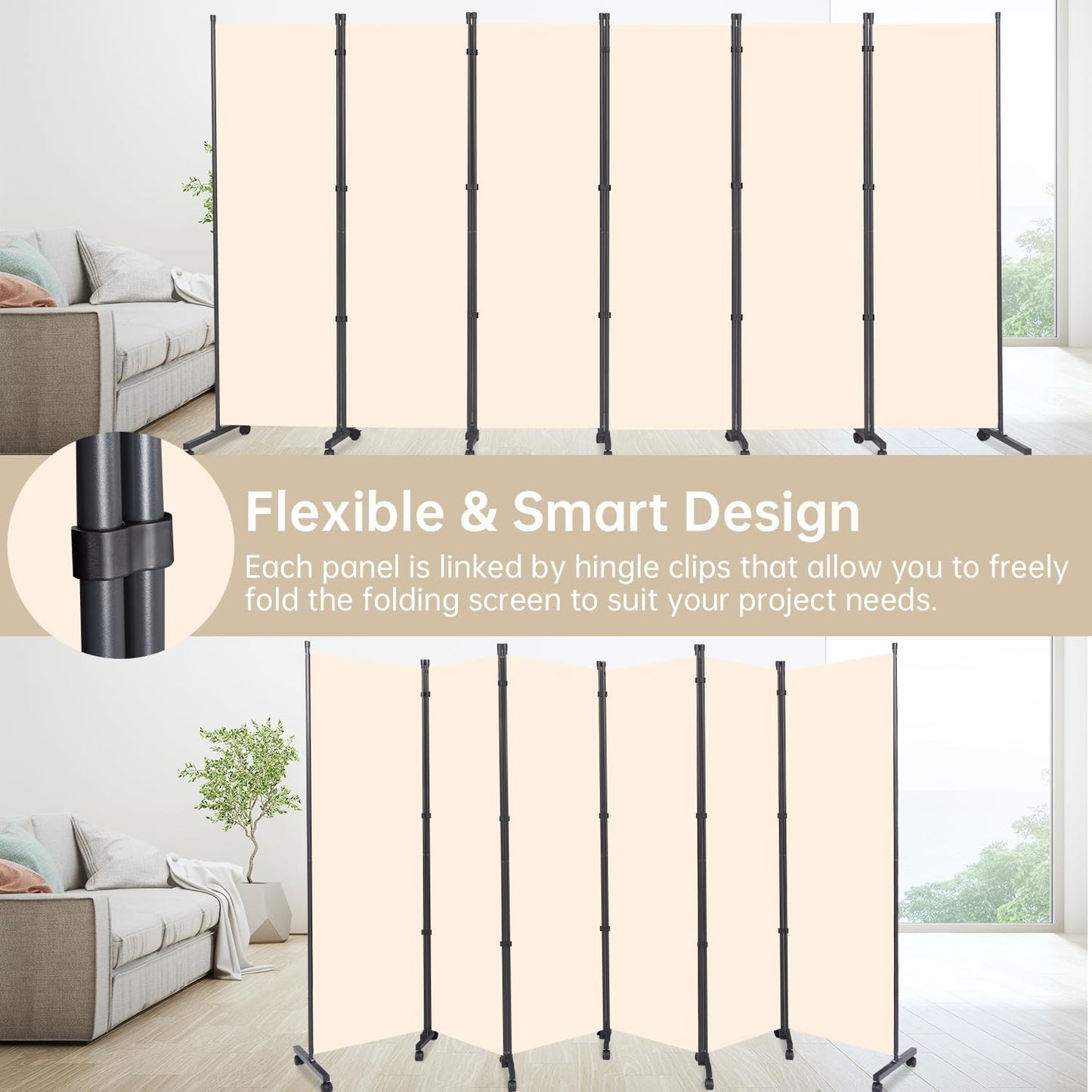 Room Divider 6 Panel Room Dividers/Wheels, Fabric Room Divider Panel for Office Room Partitions and Dividers, Portable Partition Wall Divider for Room Separation, Privacy Screen (Cream, Wheel-132'')