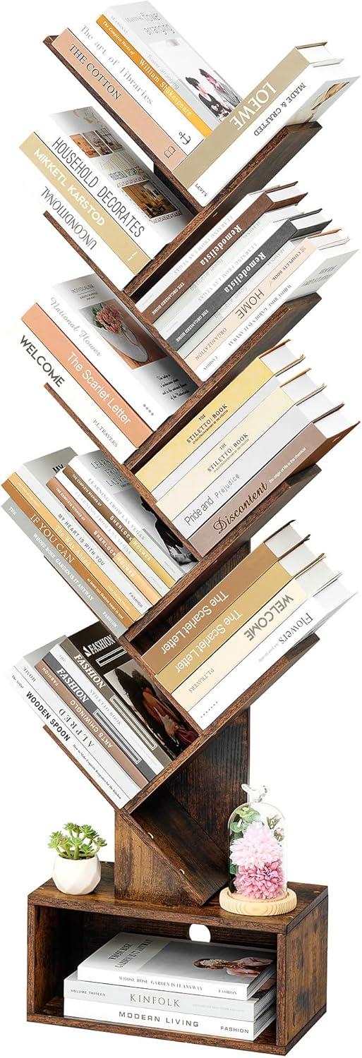 Hoctieon 9 Tier Tree Bookshelf, Tall Bookcase with Drawer, Wood Book Shelf, Modern Floor Standing Bookshelves, Book Organizer Shelves for Bedroom, Living Room, Home Office, Rustic Brown