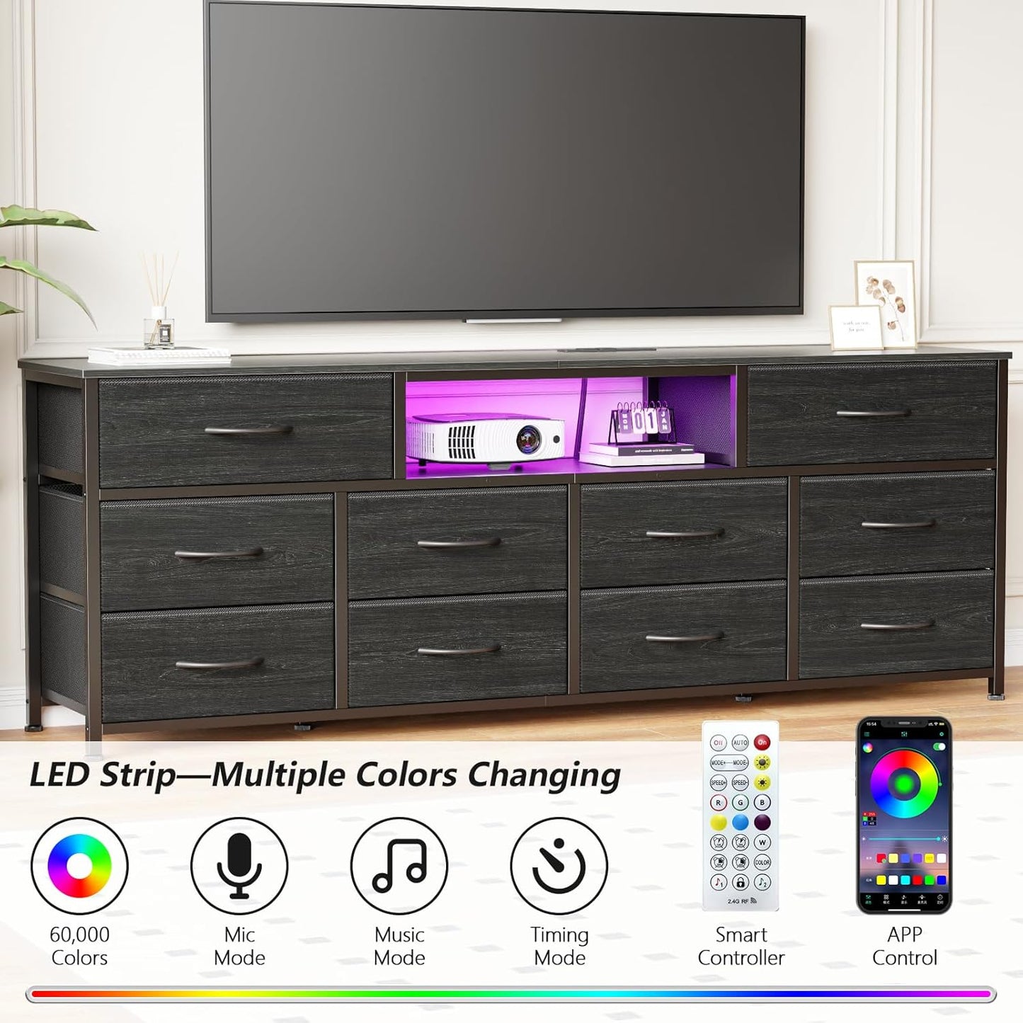 Furnulem 63” Long Dresser for Bedroom, TV Stand for 65 to 75 inch TV, Black Dresser with 10 Fabric Drawers, Chest of Drawer for Closet, Entertainment Center with Power Outlet & LED Light