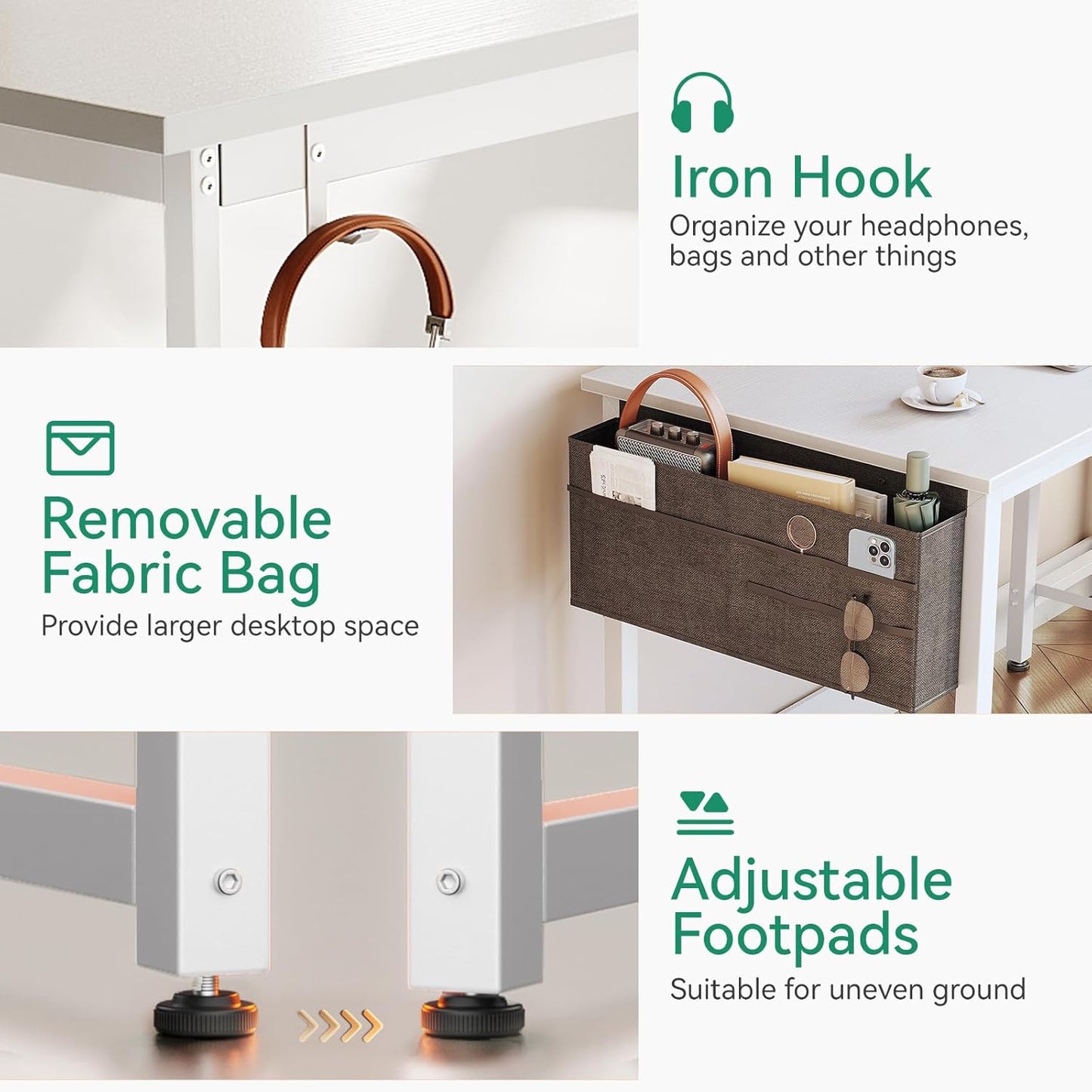 Casaottima 48-Inch Computer Desk with 4 Fabric Drawers — Home Office Desks with Storage, Writing Desk with Side Hook and Cloth Bag, Modern Study/Work Table for Bedroom and Small Space, White