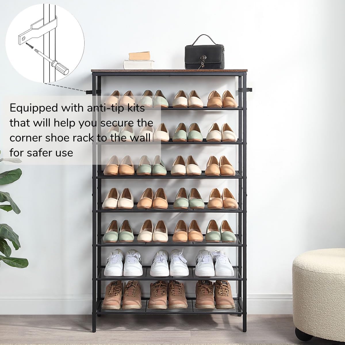 8-Tier Shoe Rack Organizer, Metal Mesh Shoe Storage Shelf, for Entryway, Hallway, Closet, Dorm Room, Industrial, Rustic Brown