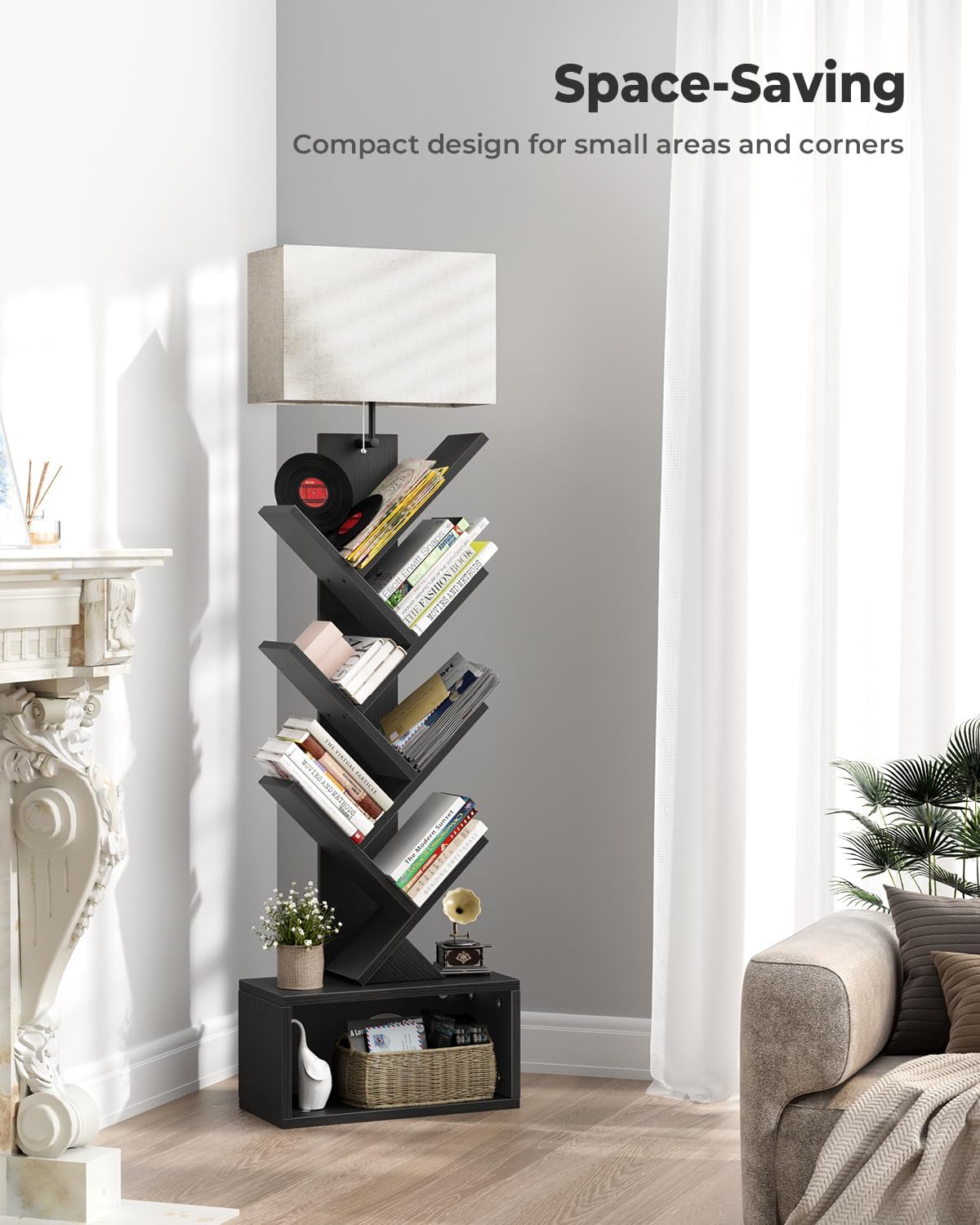 6 Tier Tree Bookshelf with Light, Narrow Bookcase Tower, Tall Floor Standing Book Shelf Organizer with Storage Cabinet for Living Room, Bedroom and Home Office, Black