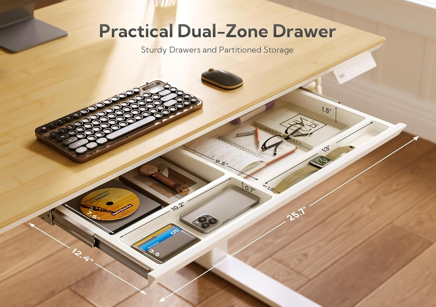 INNOVAR Bamboo Standing Desk with Drawers, 55" Adjustable Stand Up Electric Home Office Desk with Whole-Piece Board, White Frame/Bamboo Top