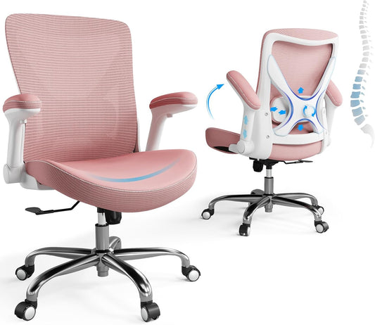 Ergonomic Office Chair-Computer PU Leather X-Shaped Desk Chair-Gaming Chair with Adjustable Flip-up Armrests Lumbar Support Mesh Executive Chair for Long Hours Office (Pink)