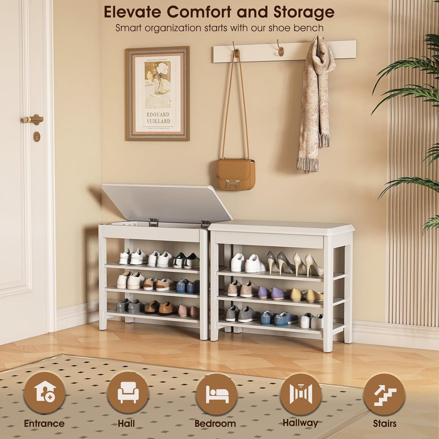 Shoe Rack Bench Seat Rubberwood 3-Tier Wooden Storage Bench 550lbs Compact Mid-Century Modern Design for Entryway, Hallway, Closet, Front Door Entrance, Foyer