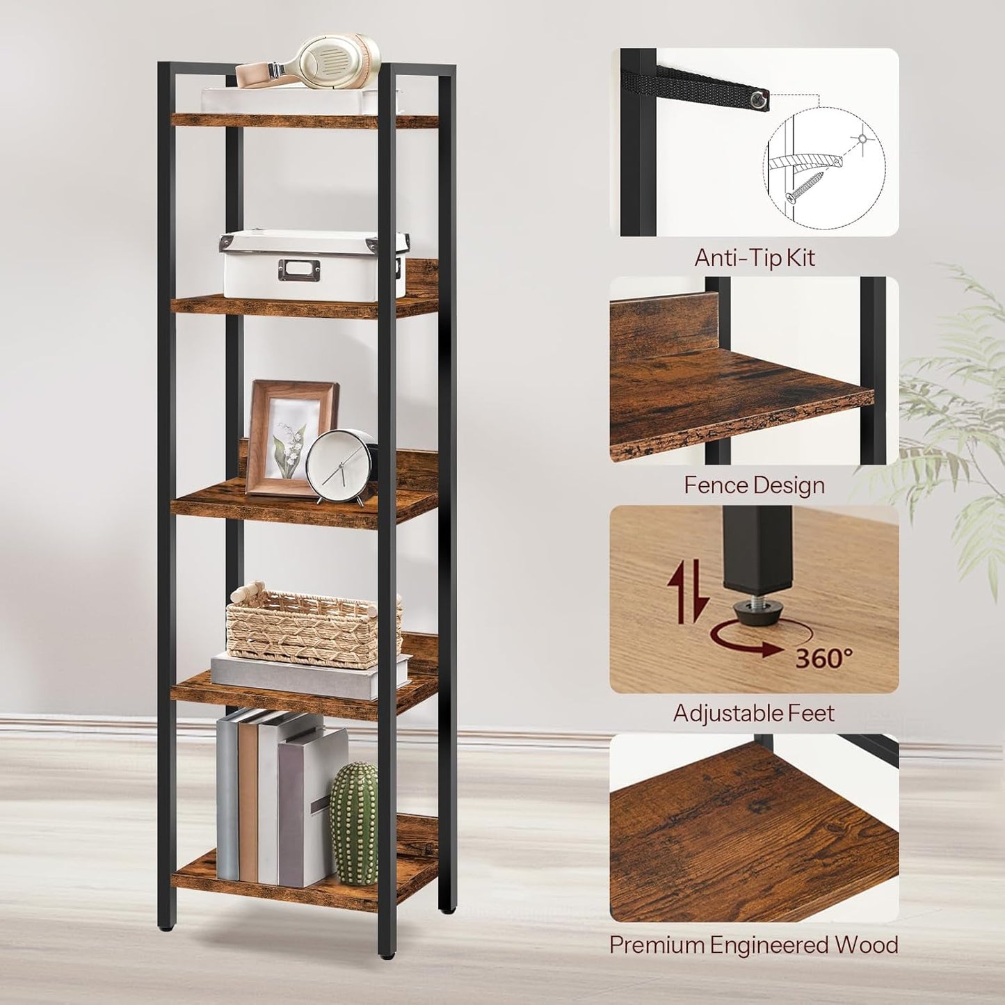 Bookshelf, 5-Tier Bookcase, Standing Book Shelf for Small Space, Storage Shelf Organizer, for Living Room, Bedroom, Study, Balcony, Rustic Brown and Black BKHR5501