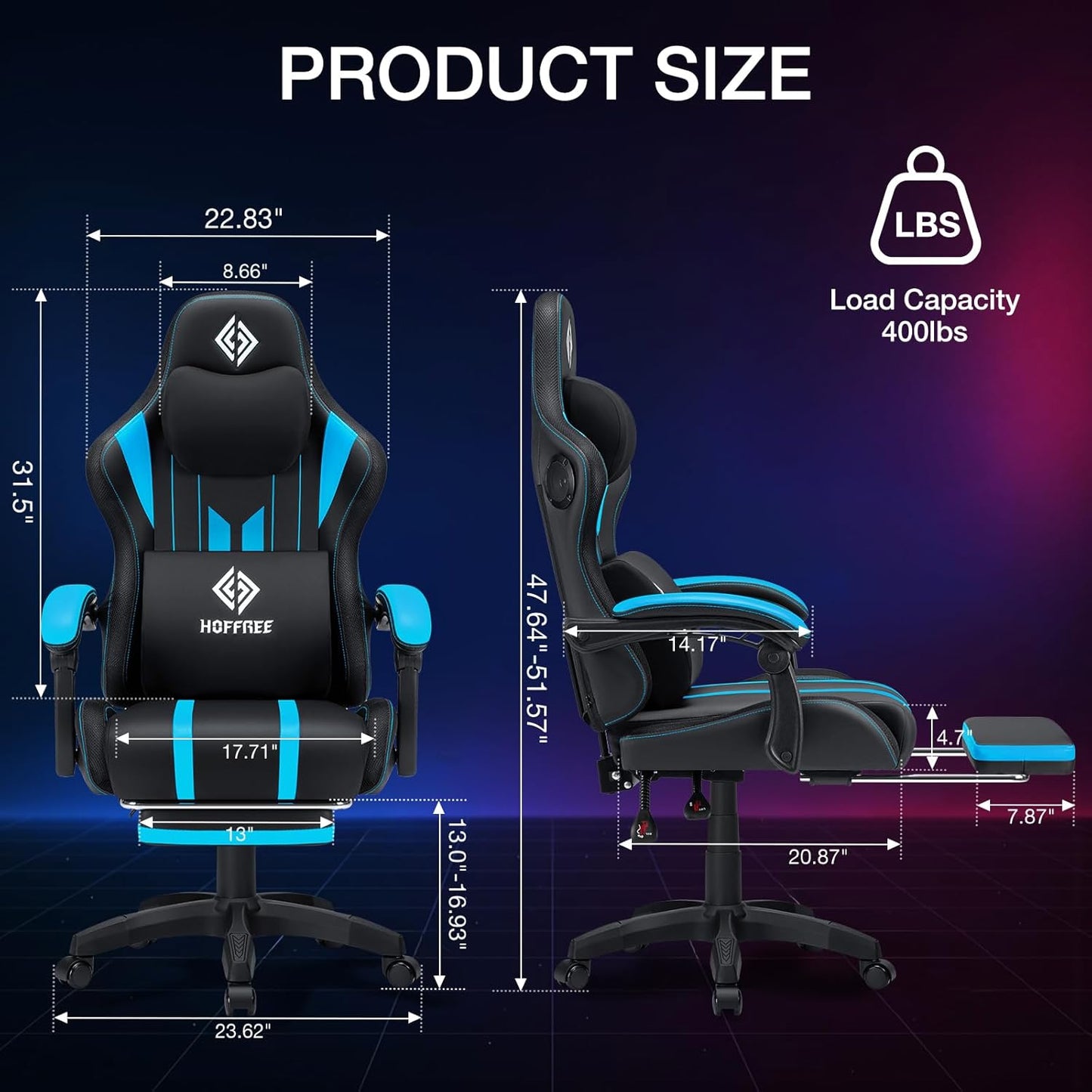 HOFFREE Gaming Chair with Music Rhythm RGB LED Lights and Bluetooth Speakers Ergonomic Massage Computer Gaming Chair with Footrest Video Game Chair High Back with Lumbar Support Blue and Black