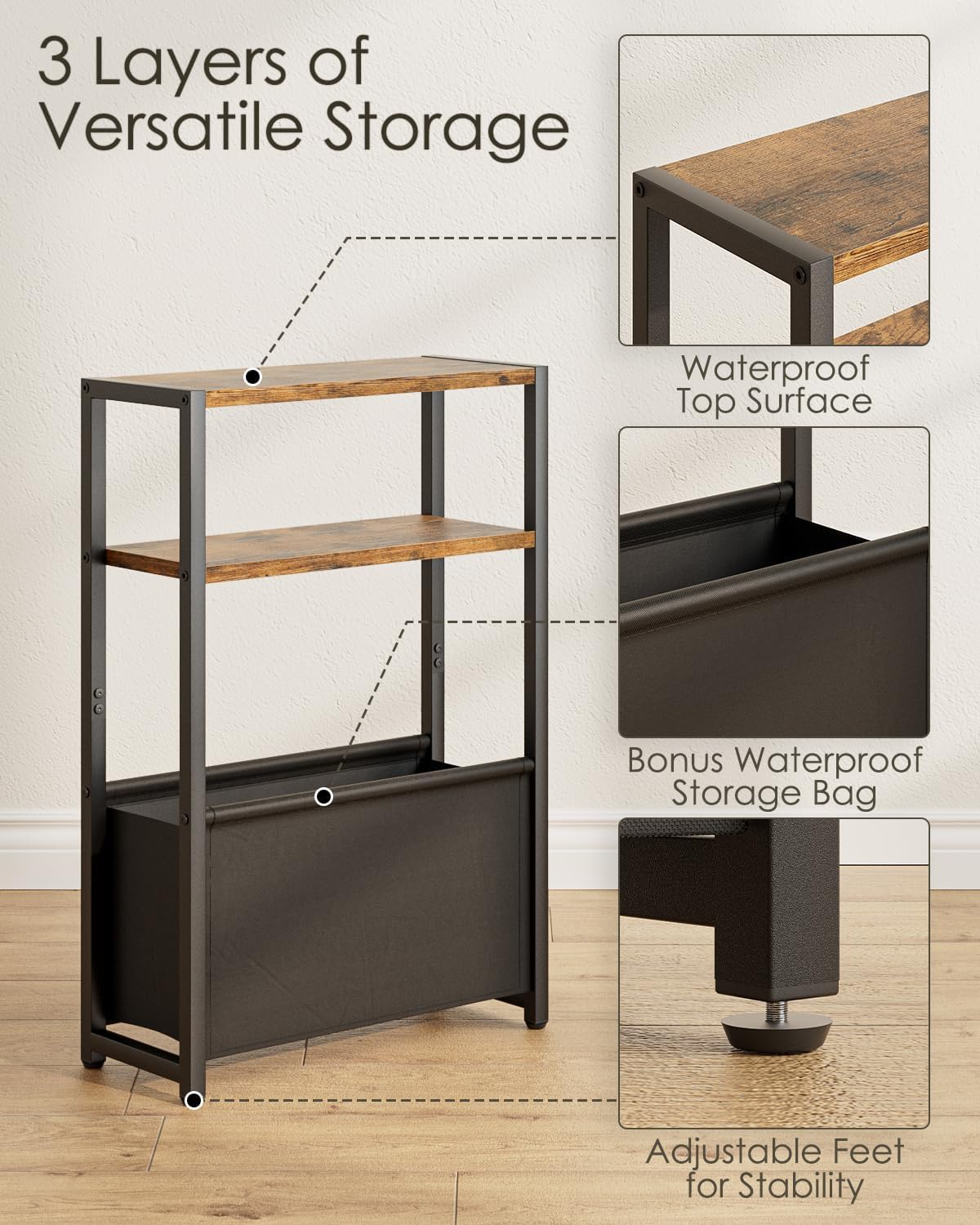 Narrow Side Table End Table, 3-Tier Side Table with Storage Bag, Narrow Nightstand for Small Spaces, Bedside Table for Living Room, Bedroom, Rustic Brown