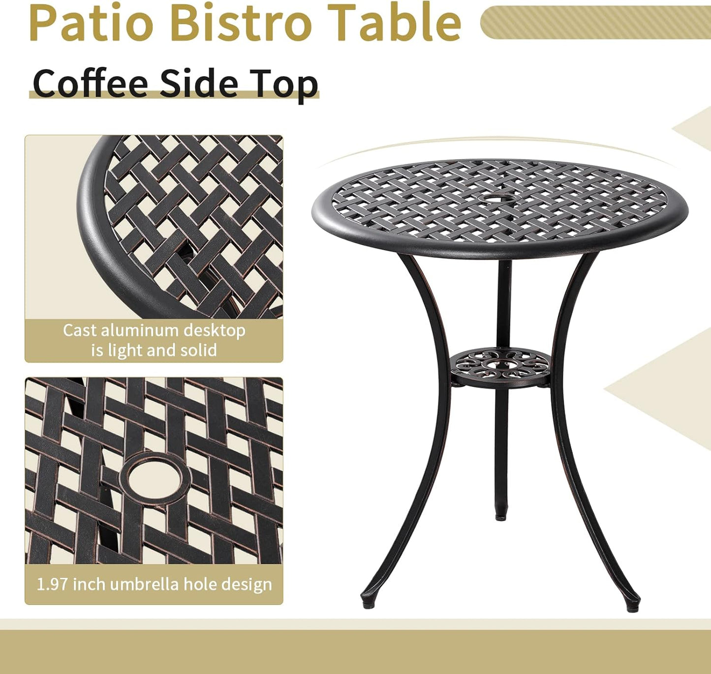 3 Piece Patio Bistro Set Outdoor Bistro Table Set Anti Rust Bistro Table and Chairs w/Umbrella Hole, Durable Patio Set for Porch, Balcony