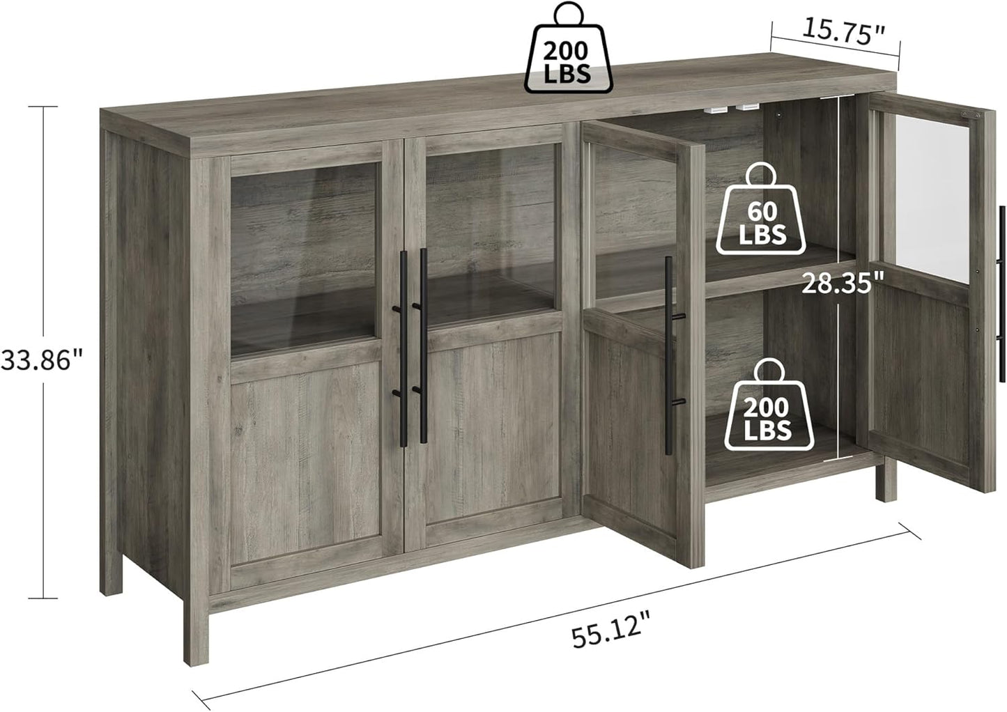 GarveeHome Sideboard Buffet Cabinet with 4 Glass Doors, 55" Buffet Table Coffee Bar Wine Bar Display Cabinet for Kitchen Dining Room, Living Room (Grey, Glass with 4 Doors)