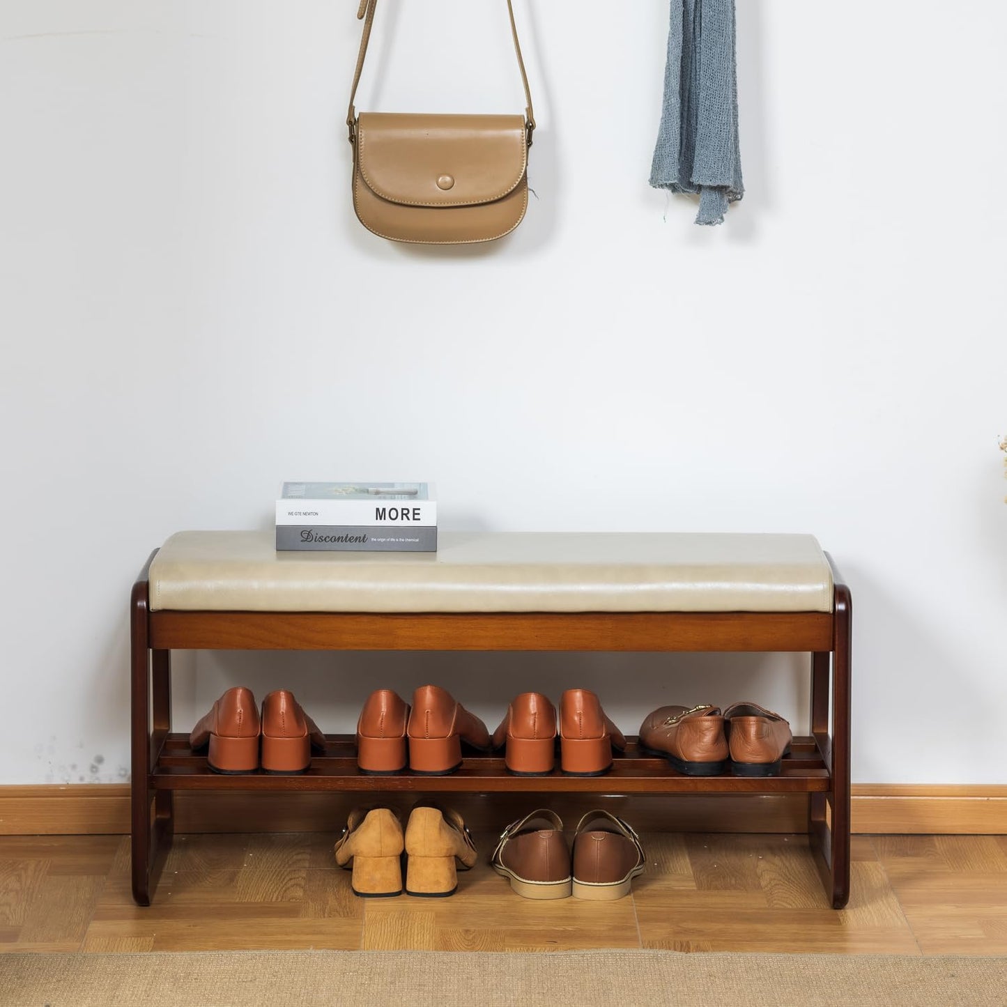 latifolia Solid Wood Bench, Entryway Shoe Bench with Cushion, Flip-Open Storage Compartment, 2-Tier Shoe Organizer(Grey,31.50''L)