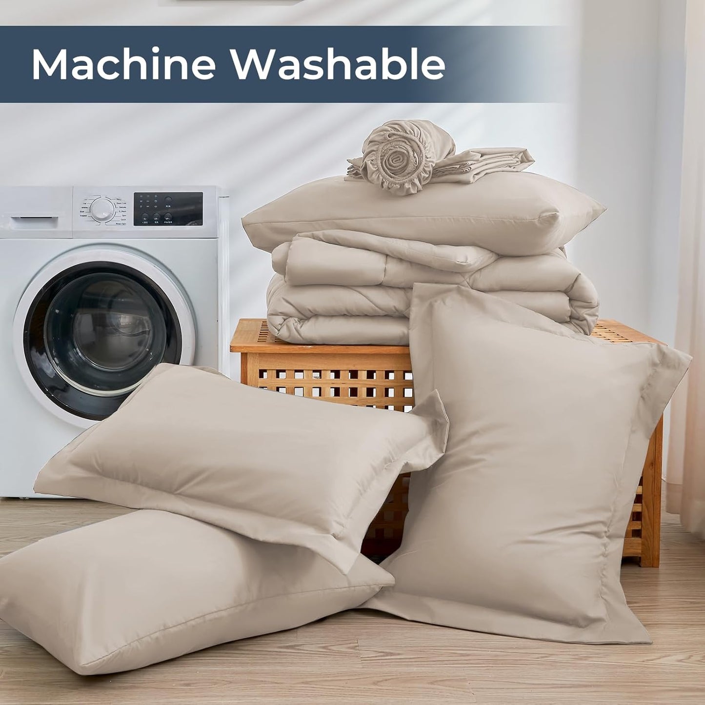 HEVUMYI Khaki Queen Comforter Set - 7-Piece All Season Bed in a Bag Queen, Ultra Soft Bedding Set with Comforter, Flat Sheet, Fitted Sheet, Pillowcases, Pillow Shams