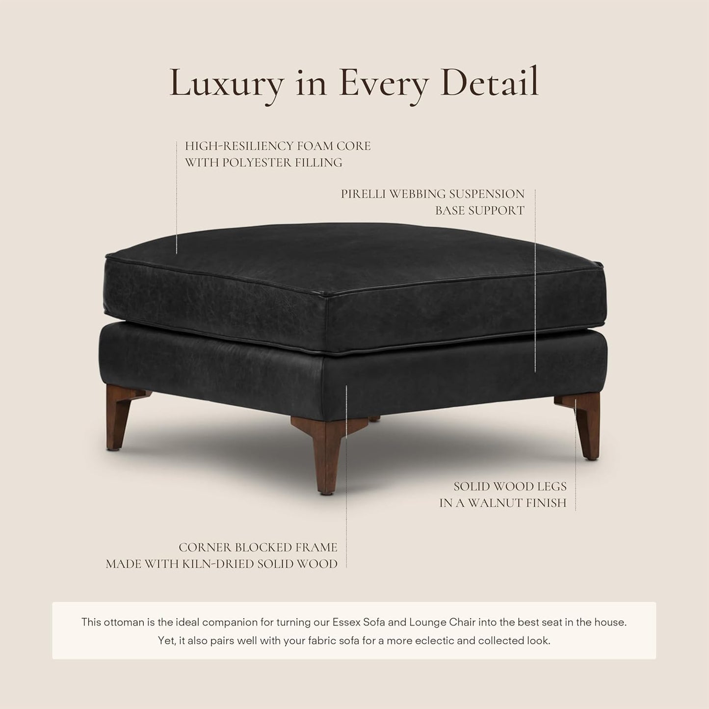 POLY & BARK Essex Ottoman - 35” Large with Feather-Down Topper - Full-Grain Leather Upholstered Ottoman - Couch for Living Room - Vintage Italian Leather in Onyx Black