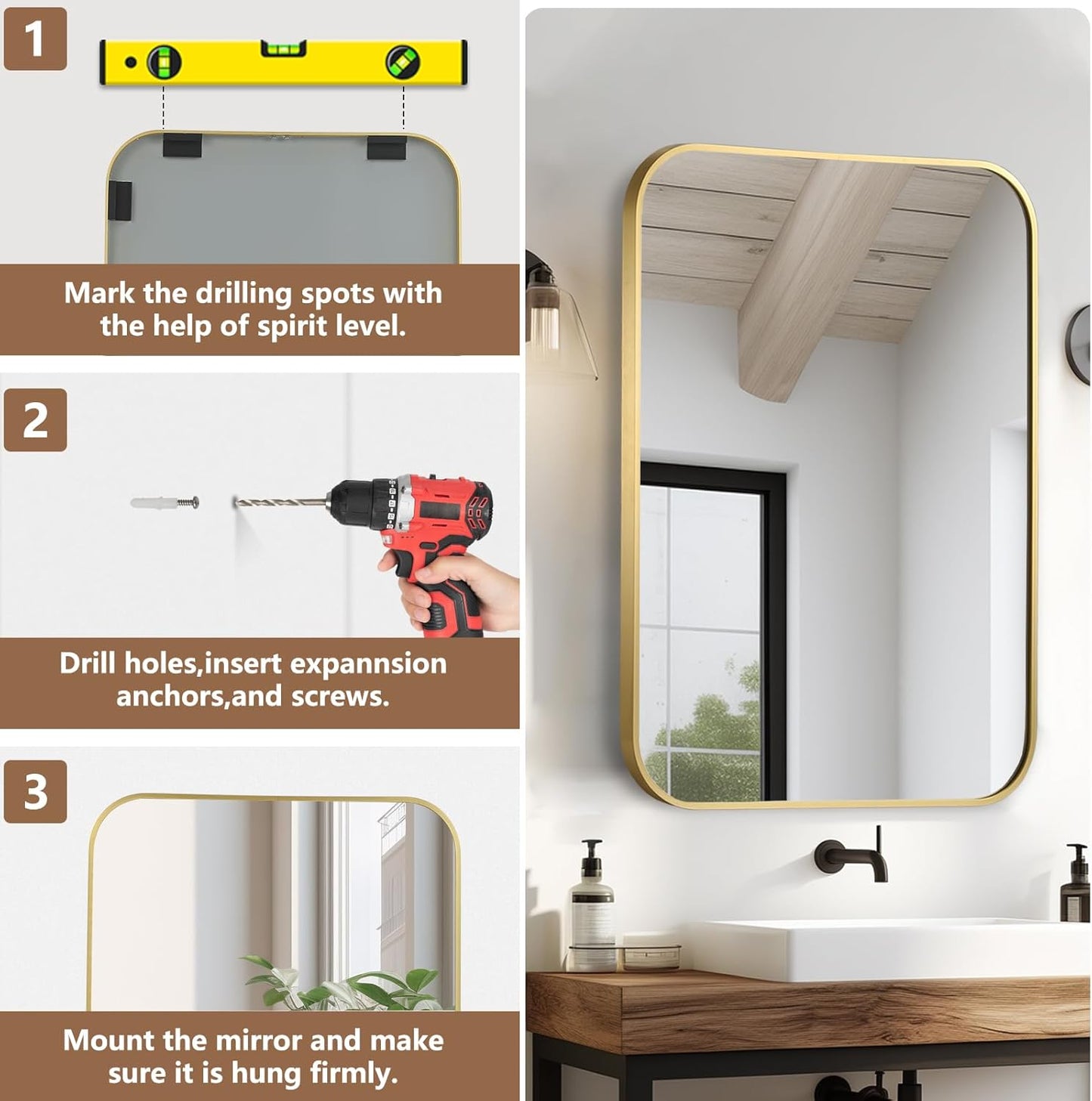 Brushed Gold Mirror, 26"x38" Rectangle Bathroom Mirror, Metal Frame Rectangle Corner Vanity Mirror, Wall Mounted Mirror for Modern, Living Room, Bedroom, Horizontal Or Vertical