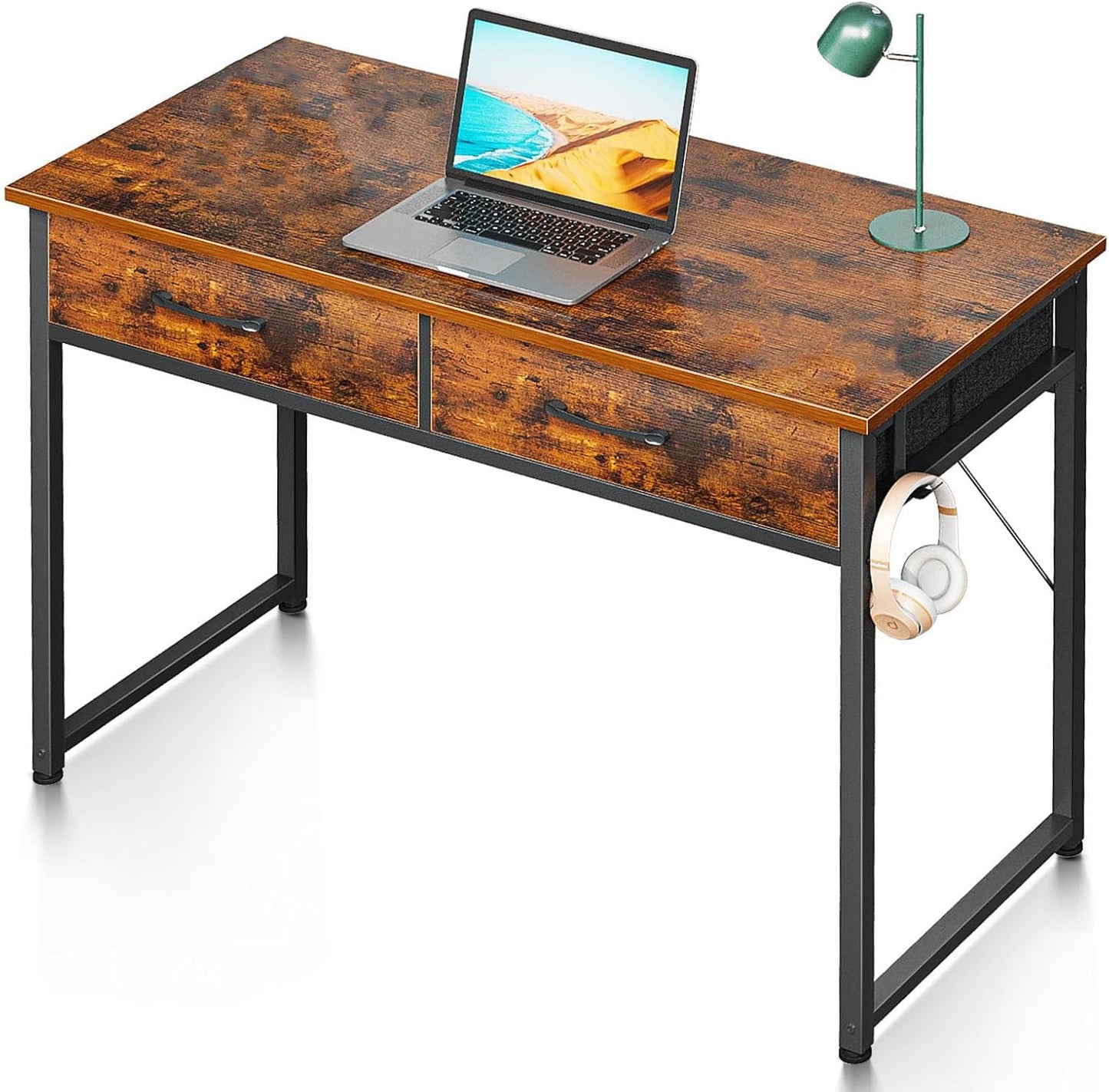 Casaottima 40 Inch Small Office Computer Desk with 2 Drawers & Headphone Hook - Compact Writing Desk for Home Office, Study or Work, Modern Space-Saving Design for Small Spaces, Pure Vintage