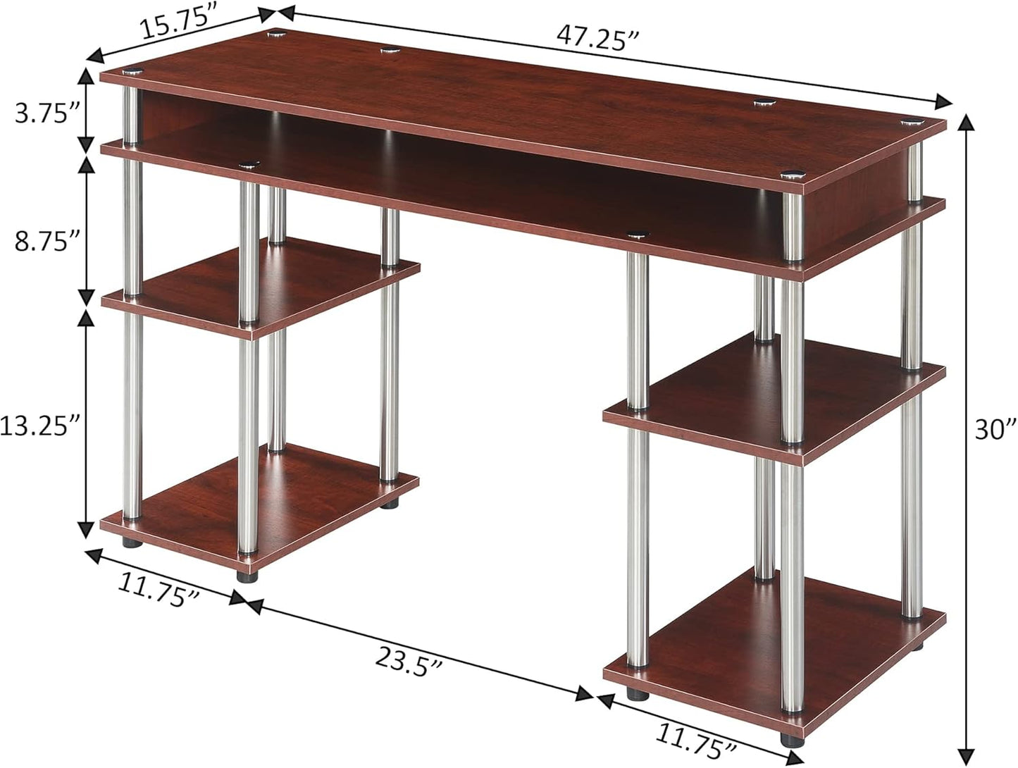 Convenience Concepts Designs2Go No Tools Desk Home Office Desk with Shelves, Corner Shelf Vanity Desk Computer Desk Nail Table for Nail Tech - 47.25" L x 15.75" W x 30" H, Cherry
