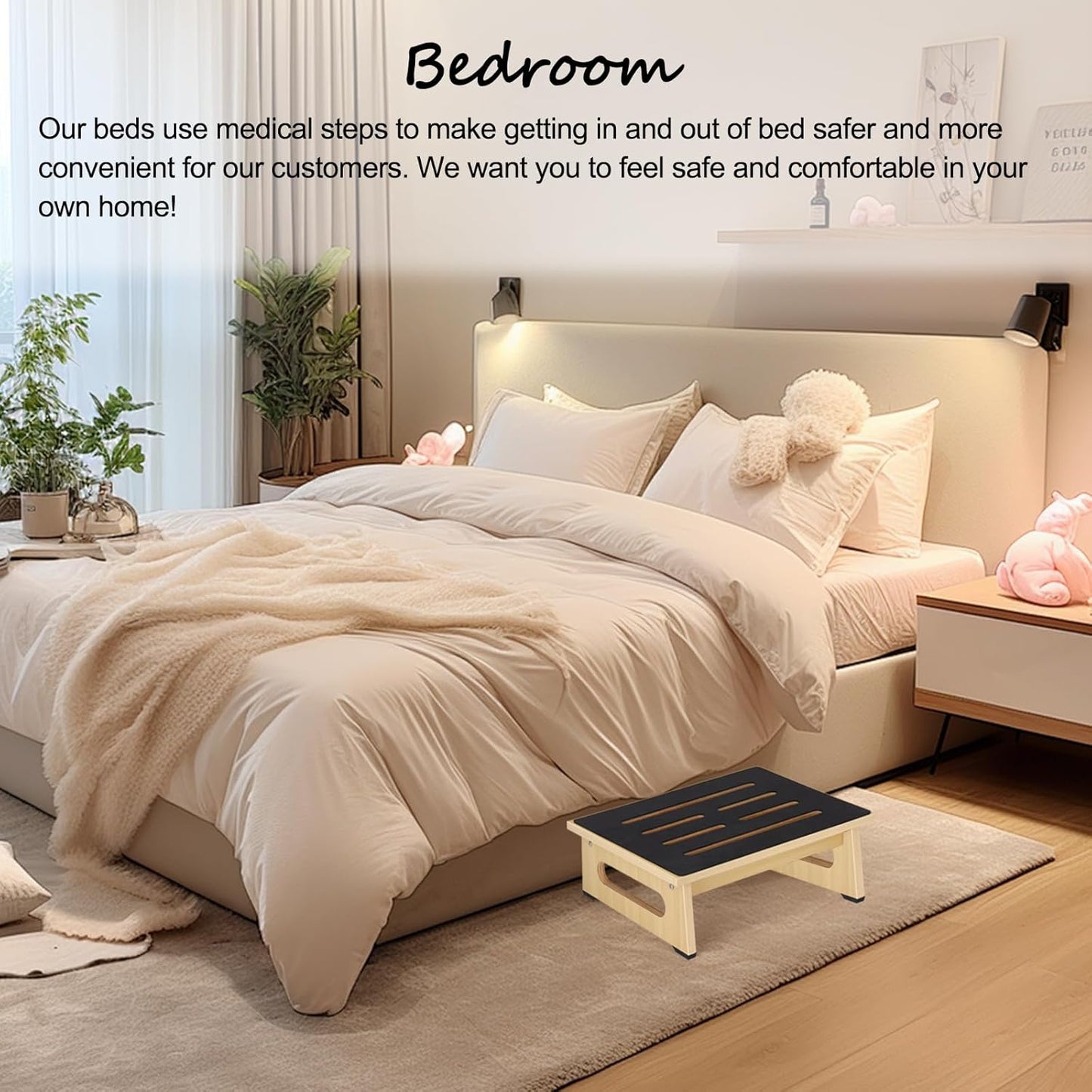 One Step Stool for Adults Seniors with Non-Slip Rubber Step Surface, 5.5" Heavy Duty Wooden Stepping Stools with 450 LBS Capacity for Bedroom Kitchen Bathroom, Bed Steps for High Beds, Bedside Support