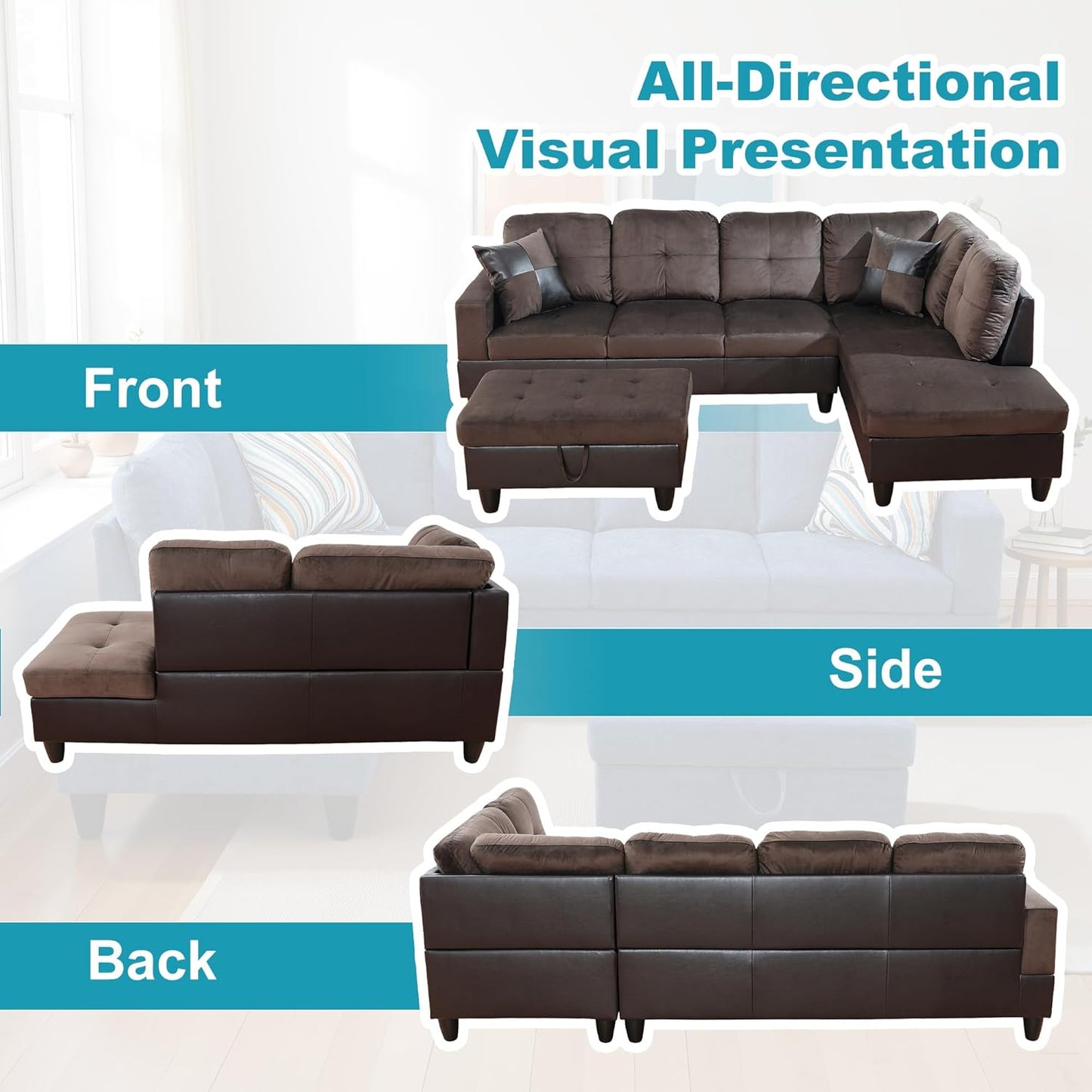 Couches for Living Room Comfy Flannel Fabric 3 Pieces Sectional Sofa with Chaise, Ottoman with Storage for Office and Small Apartment, Dark Brown