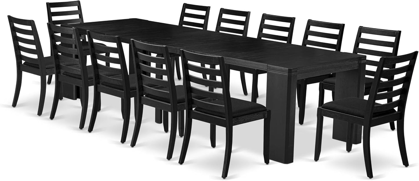 X12X1-006-24 - 13-piece Modern Dining Room Table Set a Rectangular Dining Table and 12 Black Polyester Fabric Stackable Chair, 39x120 Inch, Wire Brushed Black