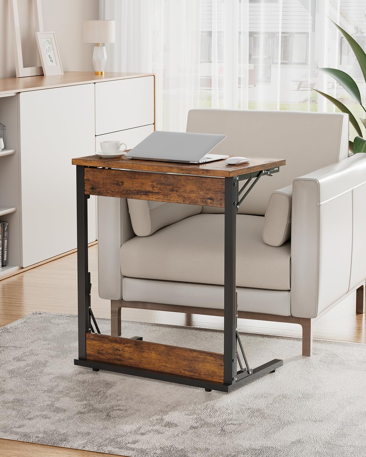 Tatub Folding TV Tray Table Set of 4, 24" Wide C-Shaped End Table for Couches, Small Sofa-Side Laptop Desk with Metal Frame for Living Room, Bedroom, Rustic-Brown