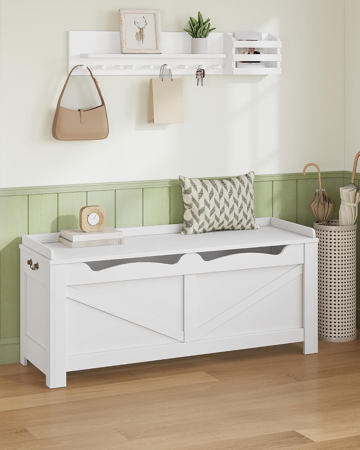 47.2" Storage Chest, Extra Large Storage Trunk with 2 Safety Hinges, Wooden Box Bench, Lift-Top Organizer Chest, Shoe Bench for Entryway, Bedroom, Living Room, White SB14503X