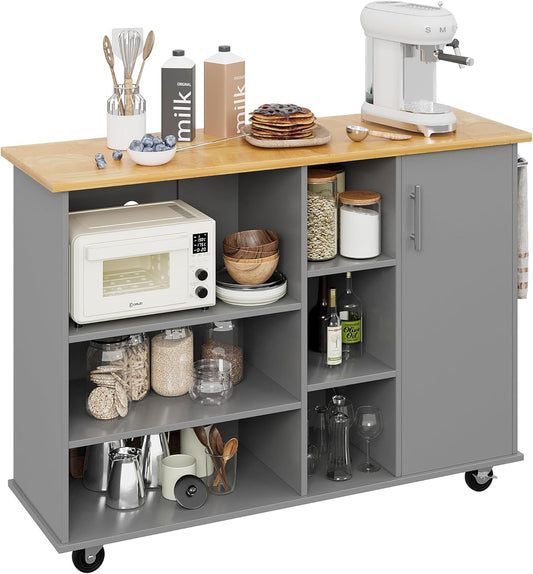 Shintenchi 47”W Kitchen Storage Island Cart with 6 Open Shelves and 1 Cabinet, Portable Trolley Cart with Wood Work Top and Handle/Towel Rack, Gray