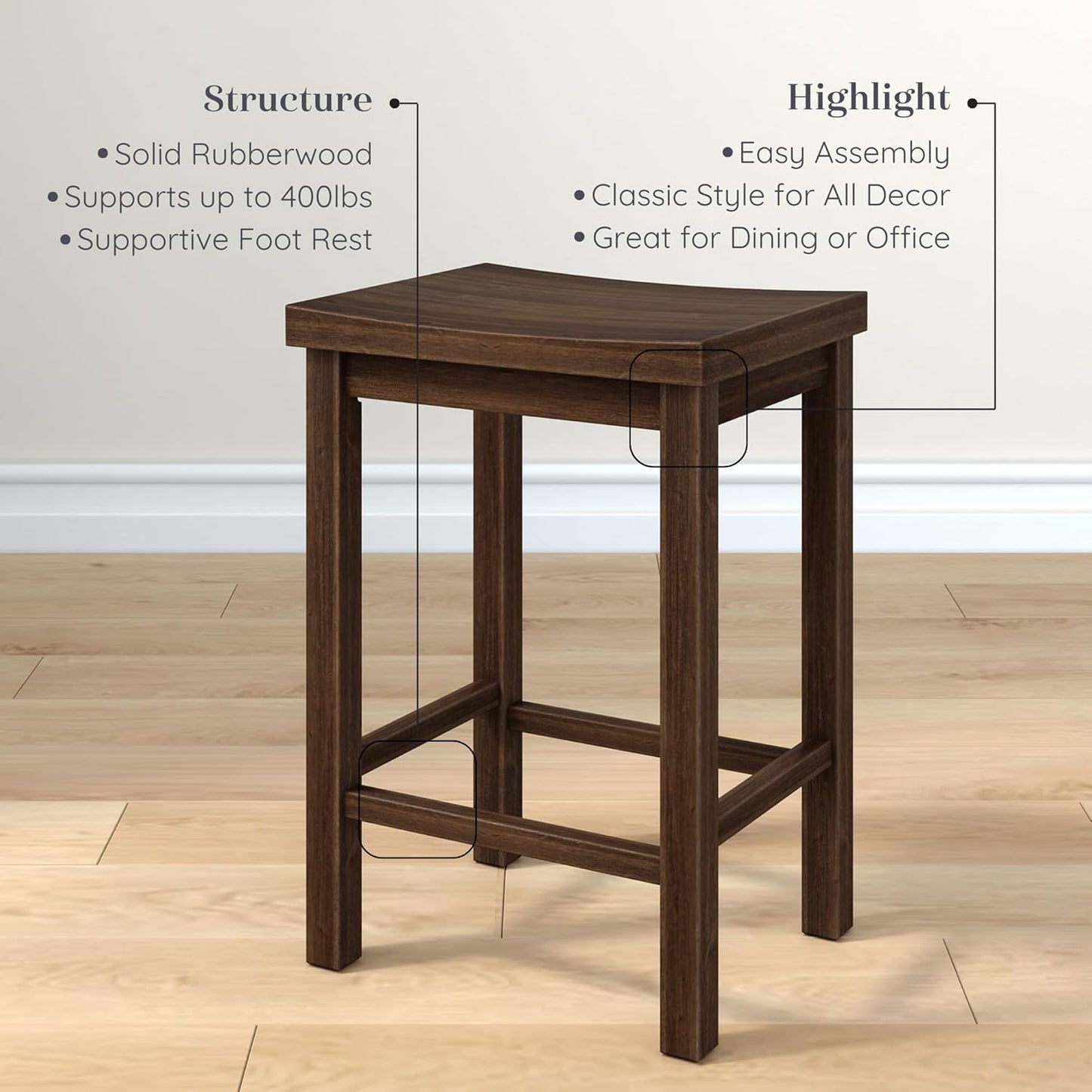 Grain & Grove Smith Collection Solid Wood Counter Height Bar Stool, 24-Inch Saddle Seat Backless Stool, Ideal for Kitchen Island, Dining, or Home Bar Seating, Walnut