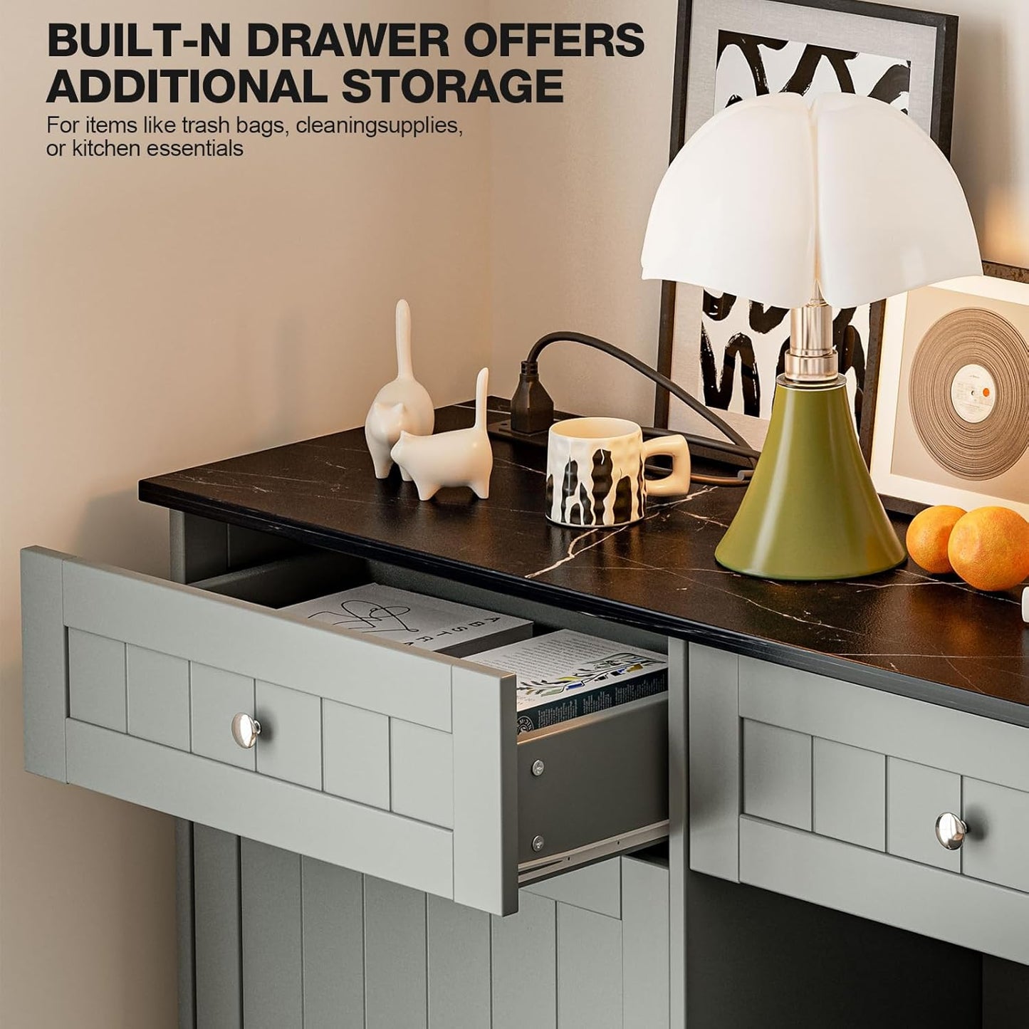 GAZHOME 20 Gallon Double Tilt Out Wooden Trash Cabinet with Charging Station, Upgrade Free Standing Recycling Cabinet with Outlet,Gray