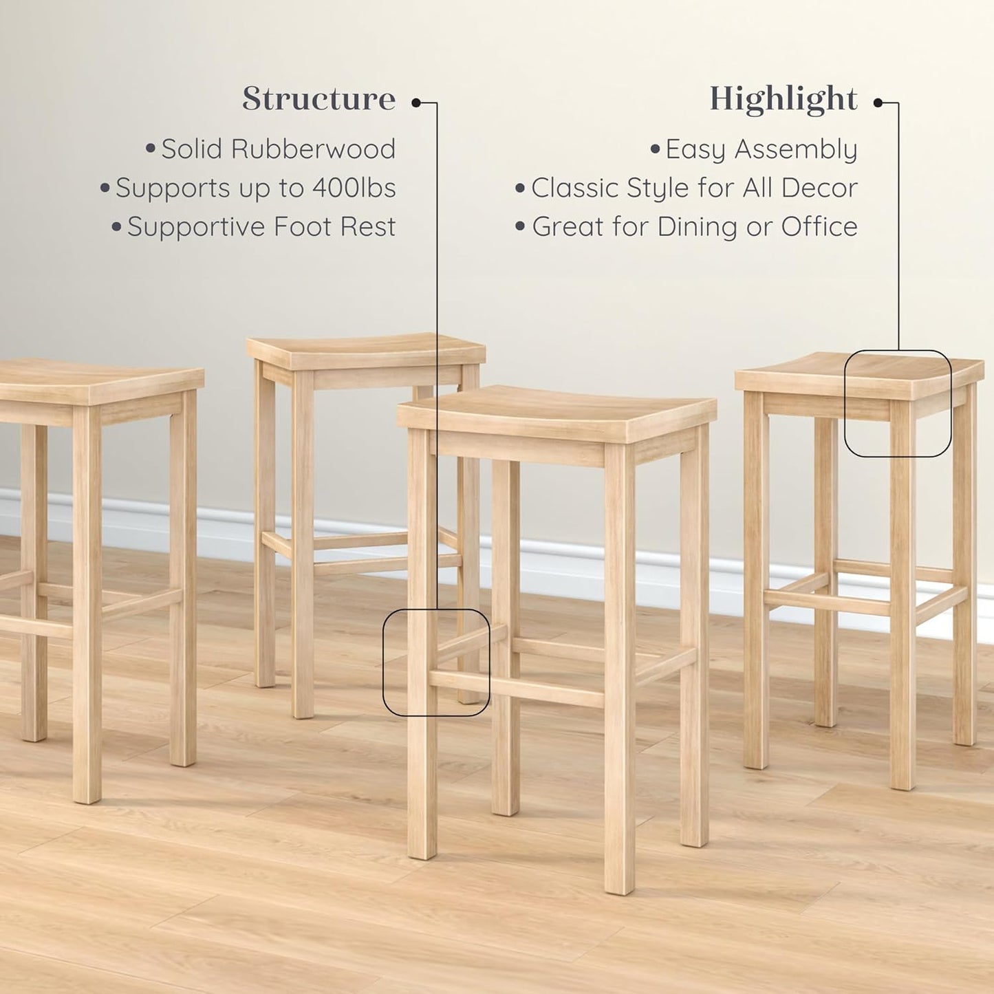 Grain & Grove Smith Collection Set of 4 Solid Wood Bar Stools, 30 inch Saddle-Seat Bar Chairs, Backless, Heavy-Duty Construction, Footrest Support, for Kitchen Islands, Home Bars, and Counters, Blonde