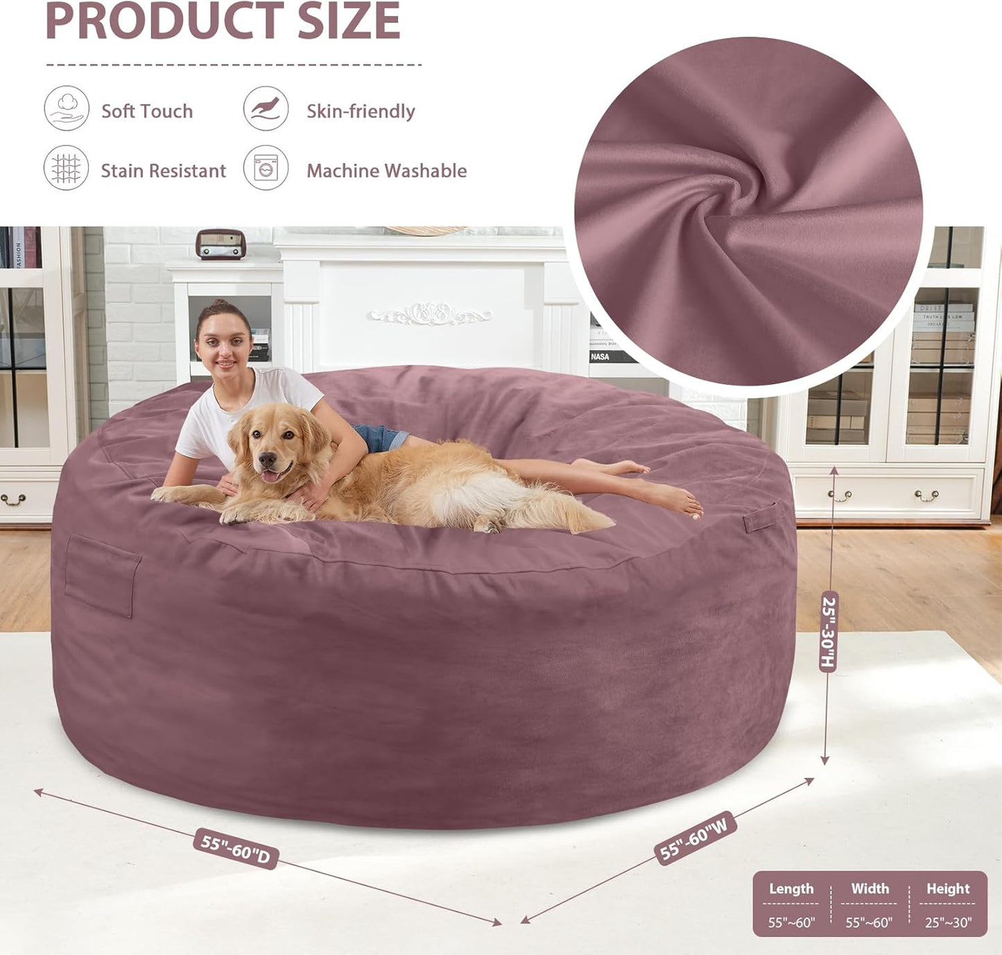 6FT Bean Bag Chair, Large Bean Bag Chairs with Memory Foam Filled, Fluffy Beanbag Sofa with Dutch Velvet Cover, Round BeanBag Chairs for Living Room, Playroom - Dusty Pink