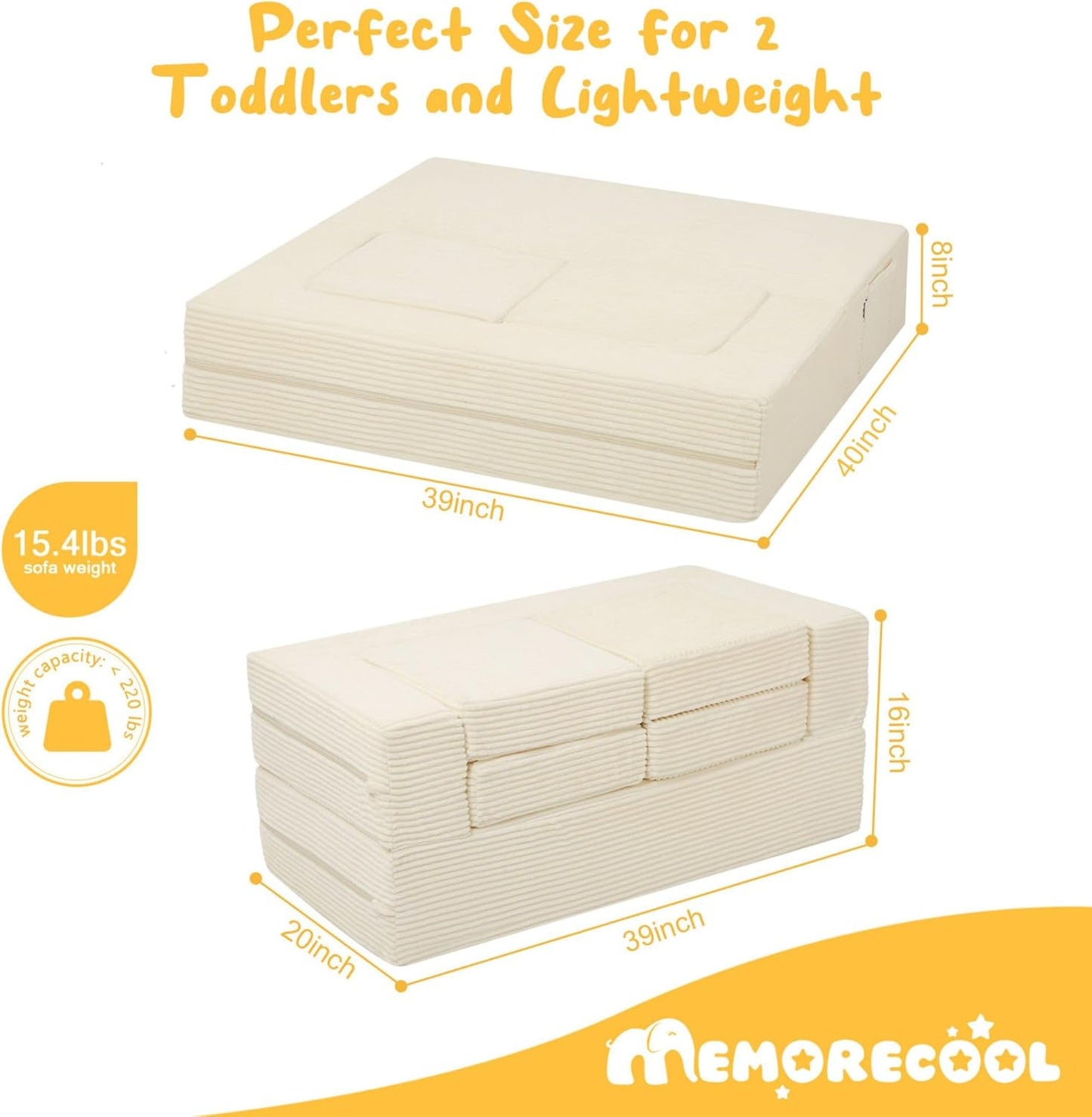 MeMoreCool Modular Kids Couch, Corduroy Play Toddler Couch for Bedroom Playroom Furniture, Convertible Foam Kids Sofa Bed, Fold Out Baby Sofa for Girl Boy, Beige