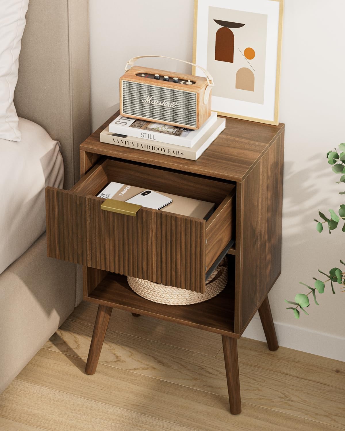 Nightstand, Small Side Table, Bedside Table with Drawer, Modern Night Stand, End Table for Bedroom, Living Room (Walnut Stripe)