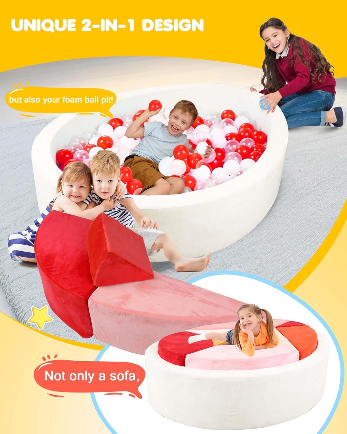 Kids Play Couch, 2-in-1 Egg-Shape Kid Plays Sofa with Unique Ball Pit(no Balls Included), Tangram Puzzle Play Couch for Playroom, Modular Play Couchs for Inspiring Creativity, Glow
