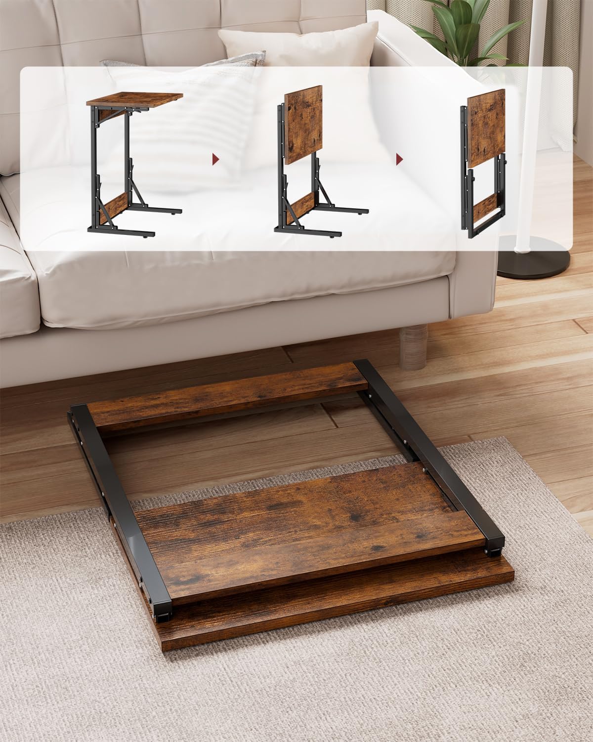 Tatub Folding TV Tray Table, 24" Wide C-Shaped End Table for Couches, Small Sofa-Side Laptop Desk with Metal Frame for Living Room, Bedroom, Rustic Brown