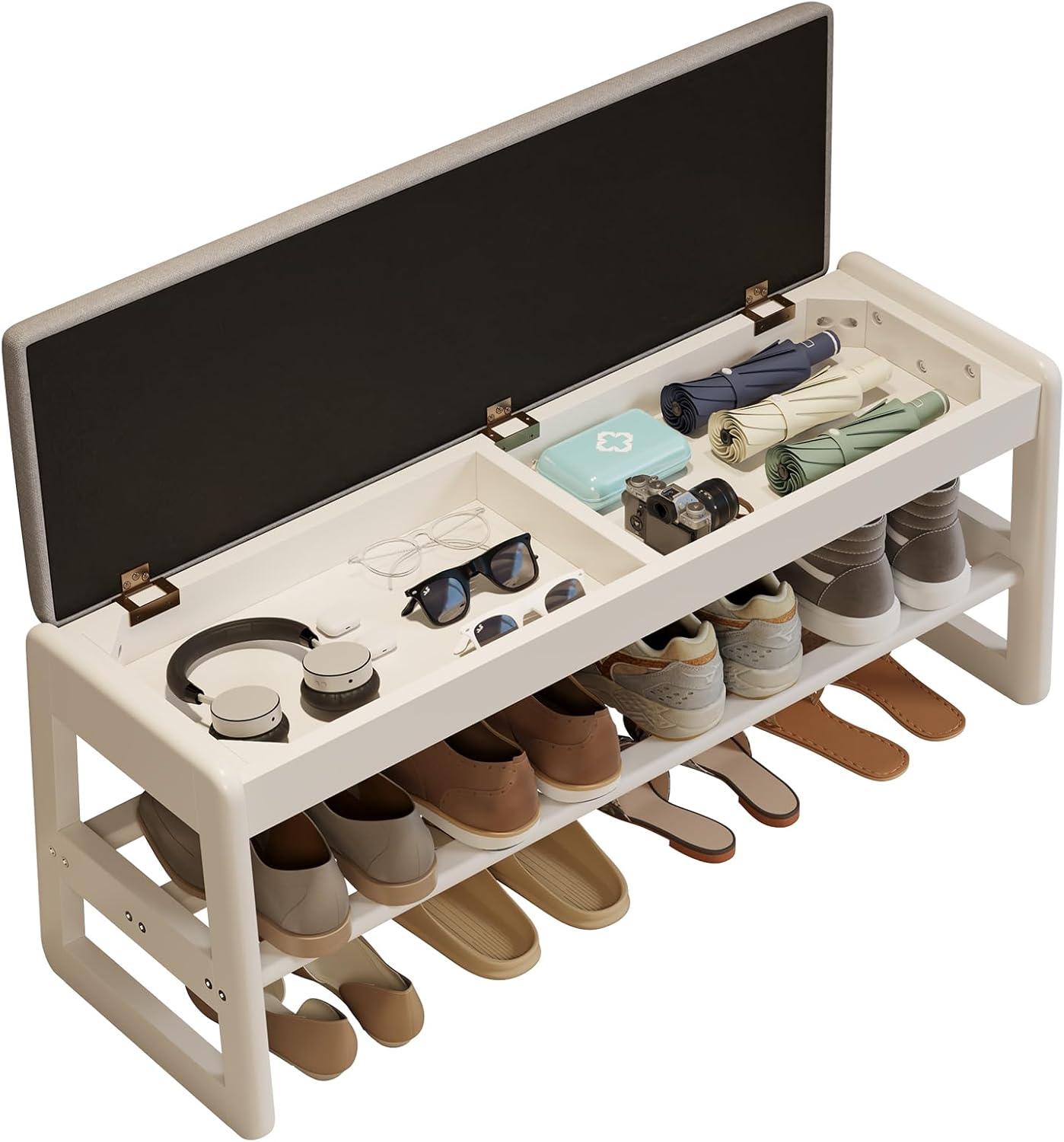 Shoe Rack Bench with Cushion,2 Tiers Shoe Bench with Flip-Top Storage,Wood Shoe Rack for Entryway,Hallway（White,39.3"）