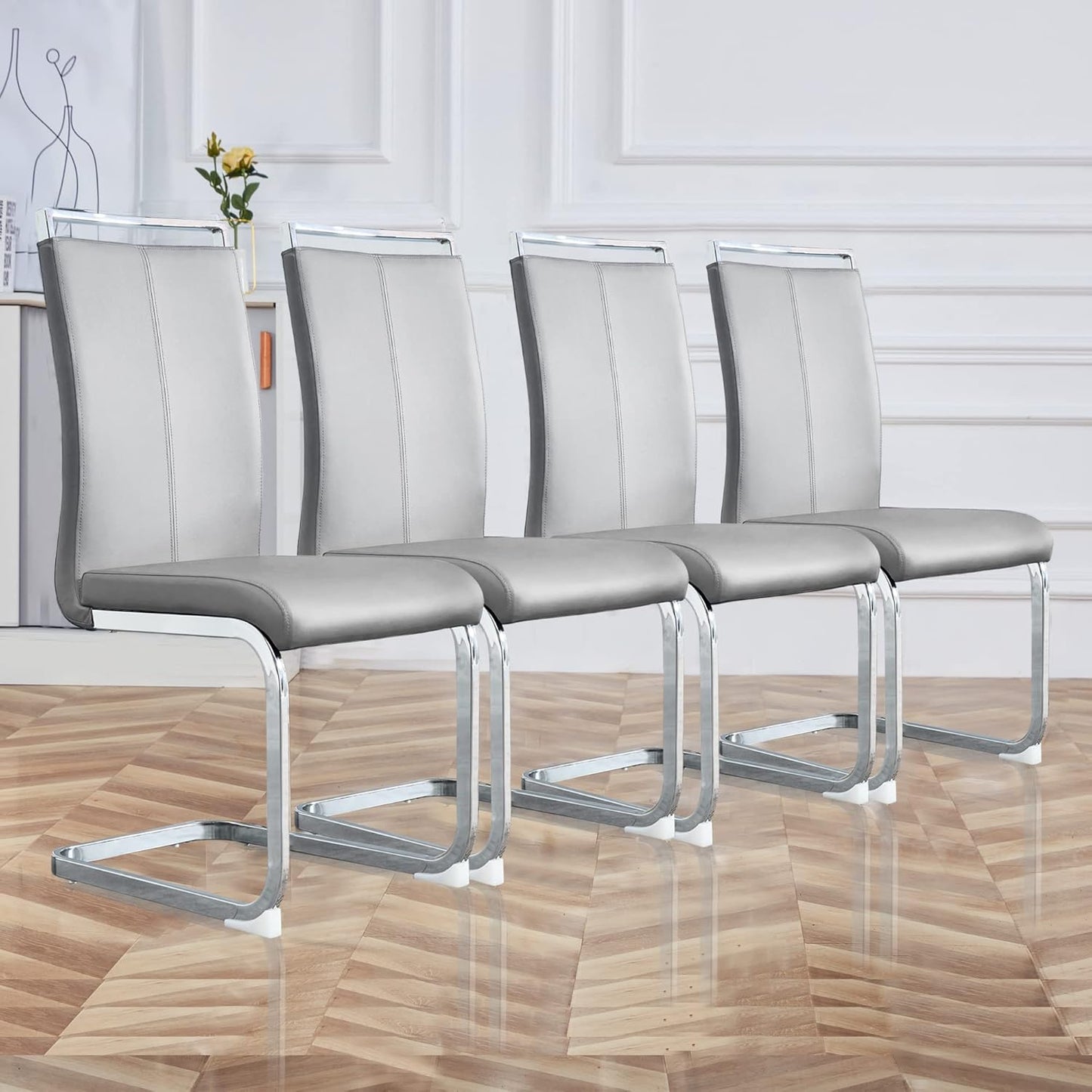 Dining Chairs Set, Kitchen Modern Metal Chairs with Faux Leather Padded Seat High Back and Sturdy Chrome Legs, Chairs for Dining Room (Light Gray, Set of 4)